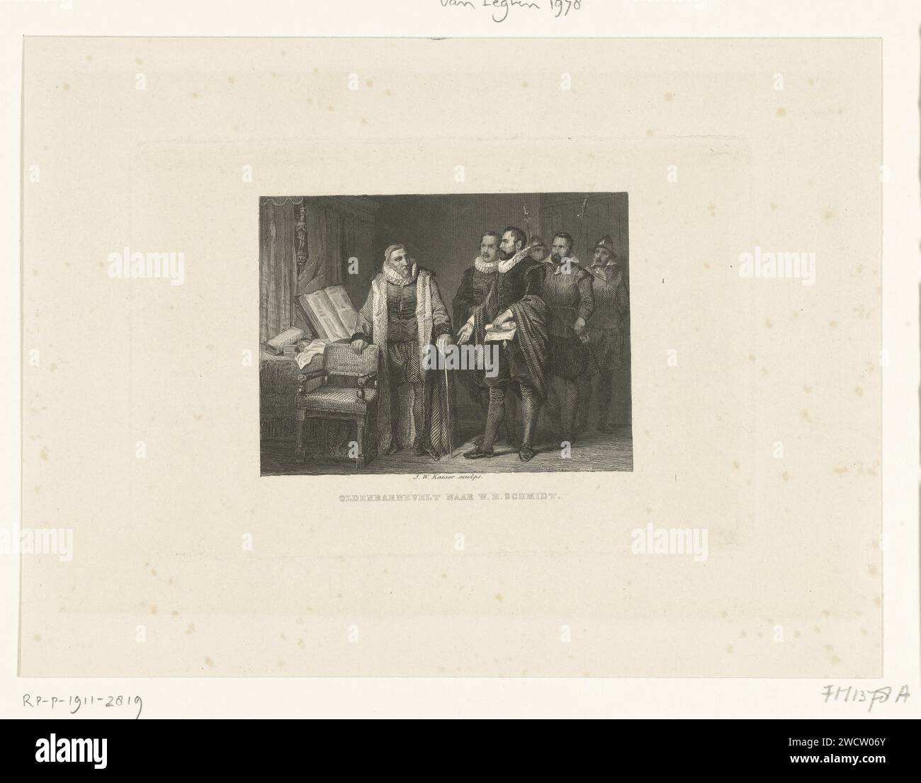 Oldenbarnevelt erhält eine Mitteilung über sein Todesurteil, 1619, Johann Wilhelm Kaiser (I), nachdem Willem Hendrik Schmidt, 1844–1899 Druck Johan van Oldenbarnevelt von den Gerichtsbeamten von Leeuwen und Sylla erfährt, dass sein Todesurteil am nächsten Tag, dem 12. Mai 1619, vollstreckt wird. Er stand an einem Tisch mit Büchern, lehnte sich auf seinen Stock und seine Hand auf den Stuhl. Niederlande Papier Stahl Gravur Person unter Todesurteil hört, dass er hingerichtet werden soll Stockfoto