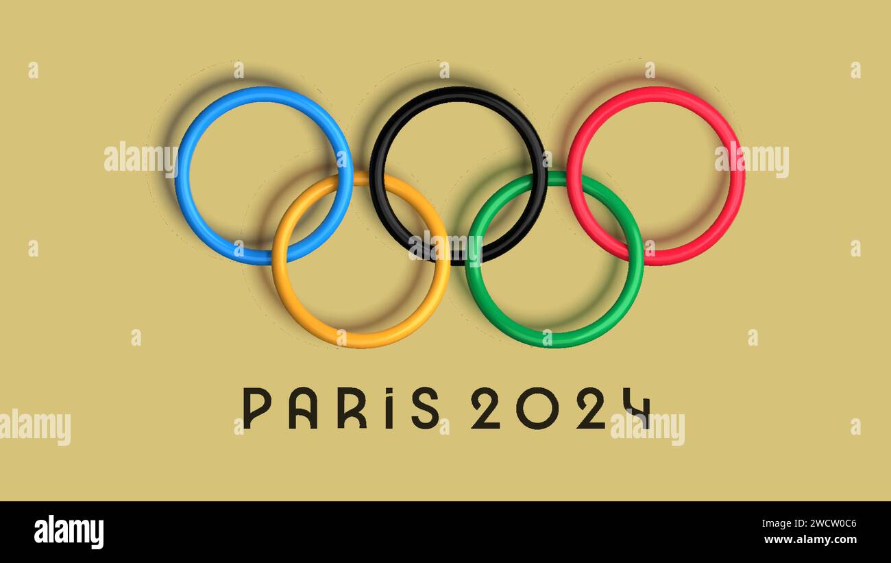 3D Olympische Ringe Paris 2024, Frankreich isoliert auf beigefarbenem Hintergrund. Offizielles Logo der Olympischen Spiele. Vektorabbildung Stock Vektor