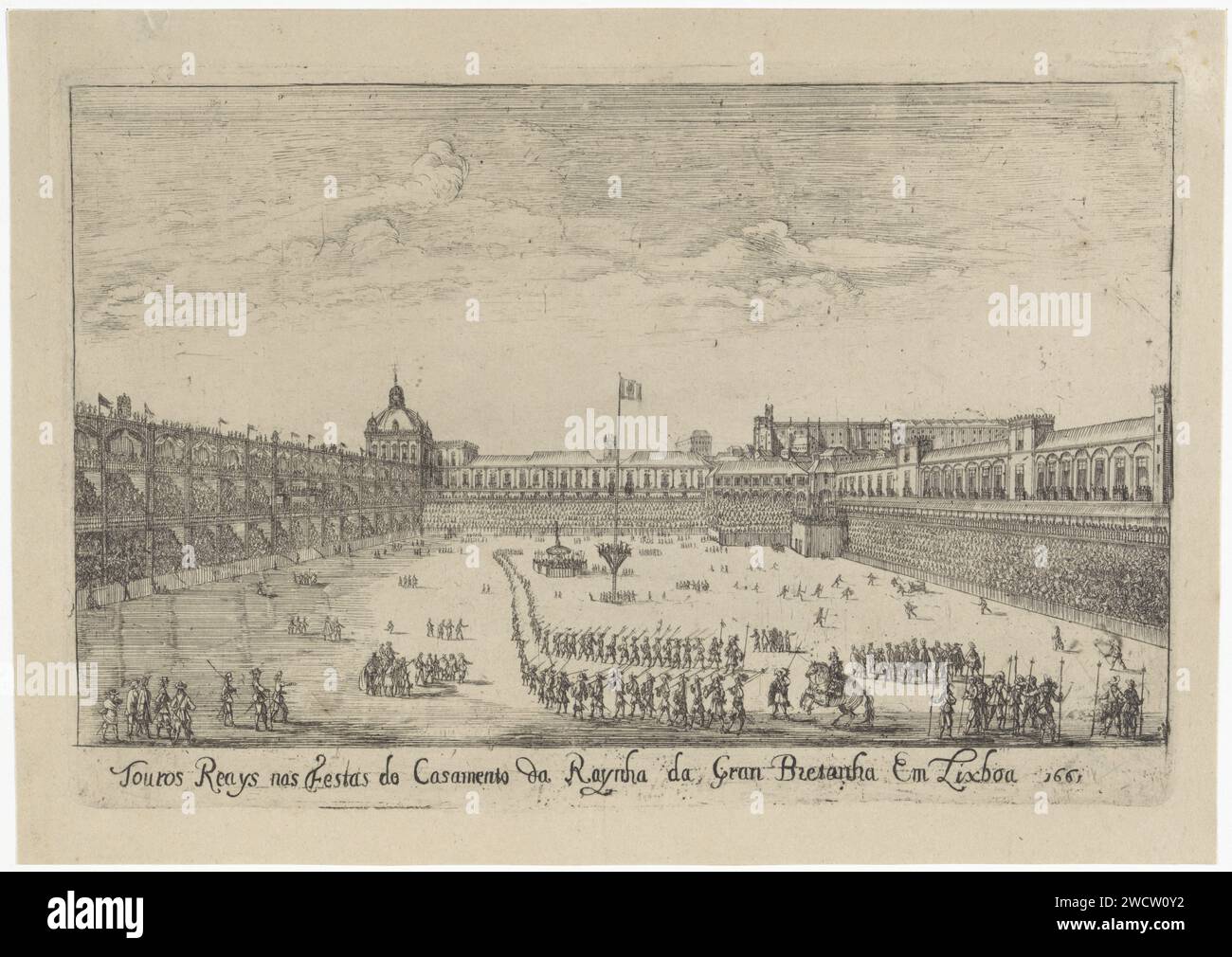 Königliche Festlichkeiten anlässlich der Hochzeit von Catharina van Braganza mit König Karl II. Von England, Dirk Stoop, 1662 Druck auf einem großen Platz gibt es Stände mit Zuschauern, die die Festlichkeiten beobachten. Soldaten kommen in einer Prozession vorbei und rechts findet ein Stierkampf statt. Im Hintergrund der Königspalast in Lissabon. Die Partei fand 1661 anlässlich der Hochzeit von Prinzessin Catharina von Braganza mit König Karl II. Von England statt. Lissabon-Papier zur Ätzung öffentlicher Feierlichkeiten. Stierkampf Lissabon Stockfoto