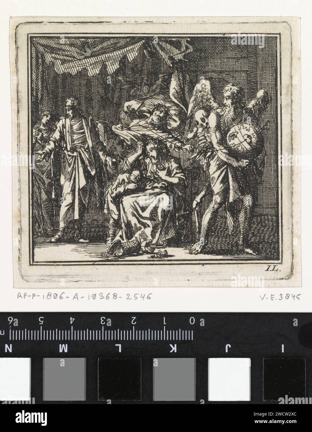 Der Tod ist dabei, den Faden eines sterbenden Mannes zu schneiden, der versucht, ihn aufzuhalten, Jan Luyken, 1710 Druck Amsterdam Papier ätzend Sterben. Vater Zeit, Mann mit Flügeln und Sense. Tod als Skelett - FF - Tod als Frau Stockfoto
