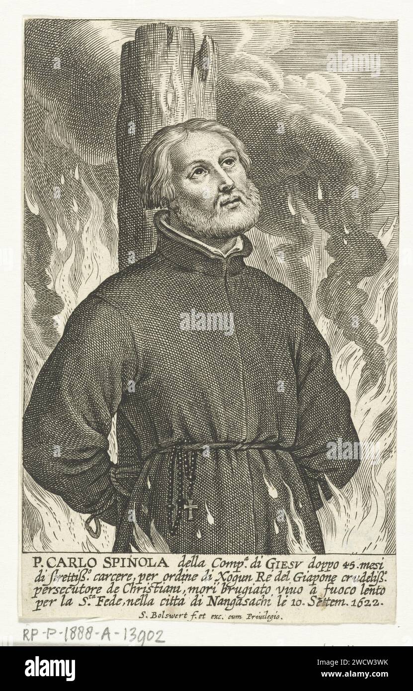 Martyrium des Jesuiten Carlo Spinola in Nagasaki, Schelte Adamsz. Bolswert, 1596 – 1659 Druck der Jesuit Carlo Spinola ist als Märtyrer an einen Pfosten in Flammen gebunden, er wurde am 10. September 1622 in Nagasaki getötet und damit die Inschrift. Papier mit gewalttätigem Tod, getötet werden, misshandelt und misshandelt werden, Tod suchen (+ Tod durch Martyrium). Märtyrer (oft mit Palmzweigen) Stockfoto