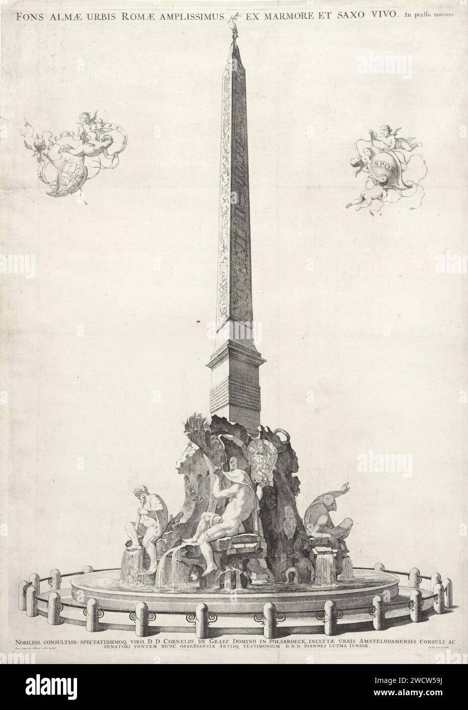 Obelisk und Fontein von Gian Lorenzo Bernini auf der Piazza Navona in Rom, Johannes Lutma (1624–1689), 1652 drucken der Obelisk von Caracalla in Rom. Der Obelisk steht auf einem Brunnen, der aus einem Felsen besteht, der von vier Bildern umgeben ist. Eine Friedenstaube oben auf dem Obelisken. Ein Zaun um den Brunnen. Von oben rechts schweben drei Engel mit einem Wappen, auf dem die Buchstaben S.P.Q.R. links drei Engel mit dem Wappen von Cornelis de Graeff und ein Band mit der Inschrift: Anno - Vivitur Ingenio - 1652. Amsterdam Papier ätzt Obelisk, Nadel. Dekorativer Brunnen Piazza Navona Stockfoto