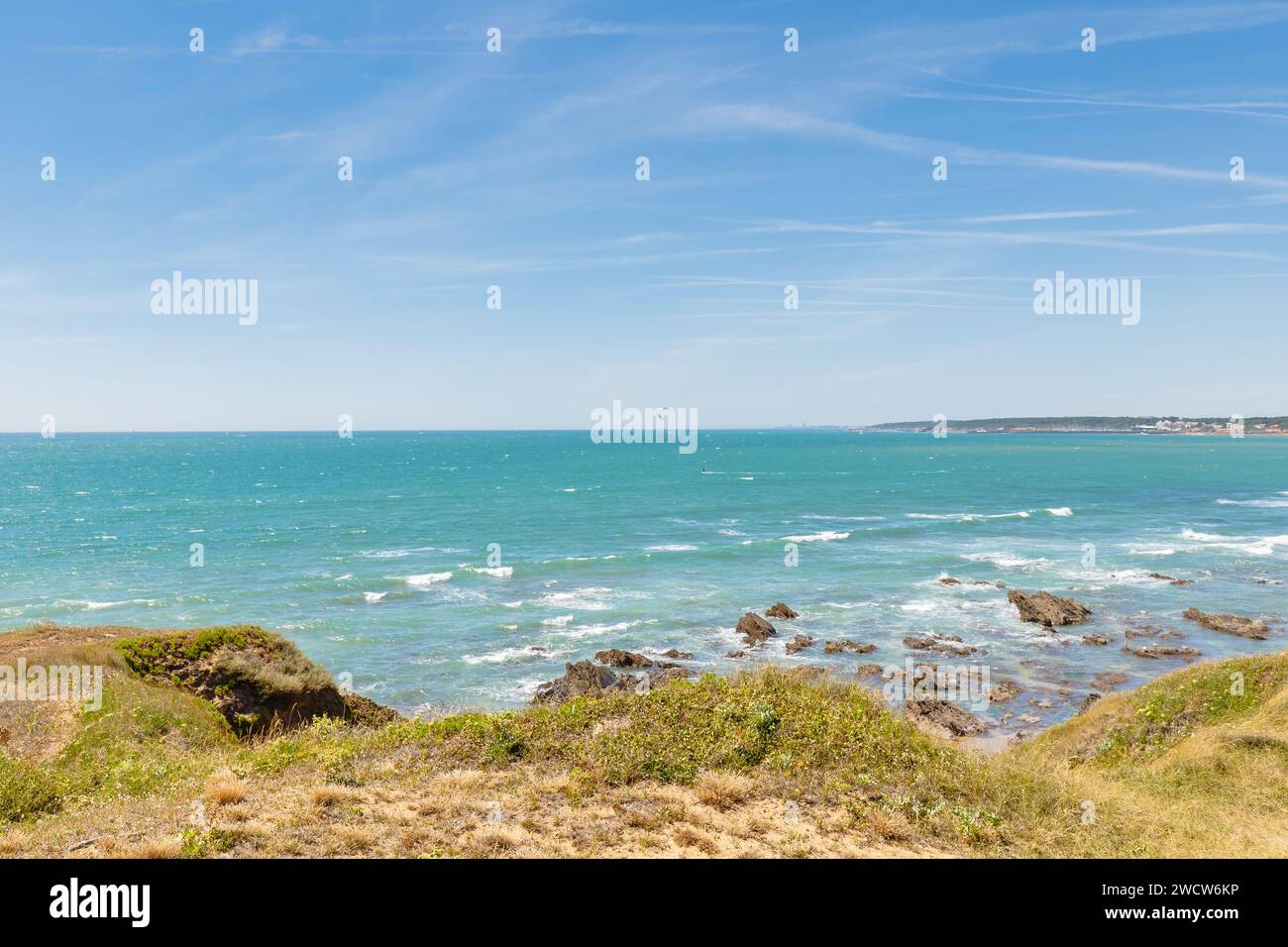Blick auf den Strand Pointe du Payre, Jard sur Mer, Frankreich an einem Sommertag, Vendée, Frankreich Stockfoto