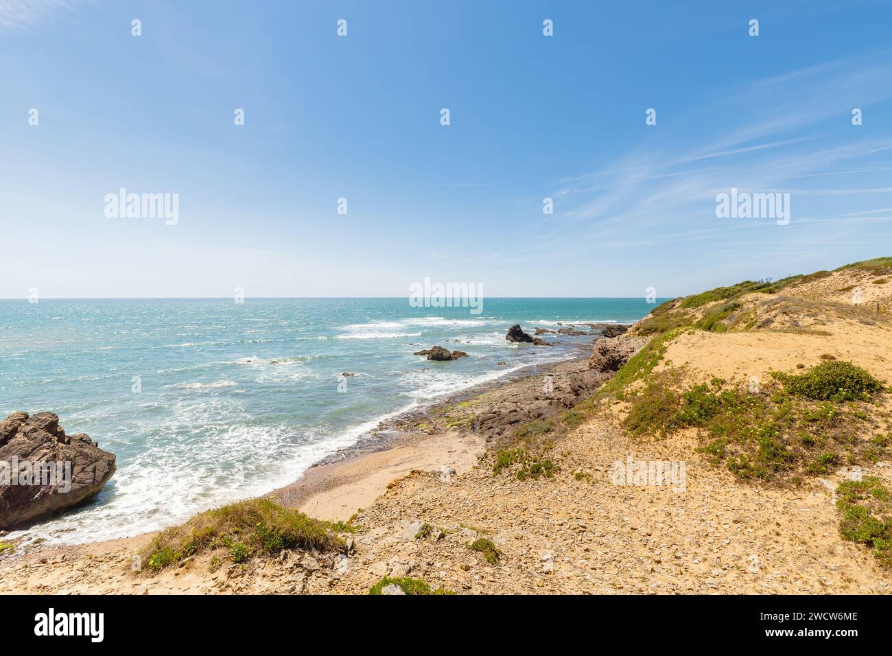 Blick auf den Strand Pointe du Payre, Jard sur Mer, Frankreich an einem Sommertag, Vendée, Frankreich Stockfoto
