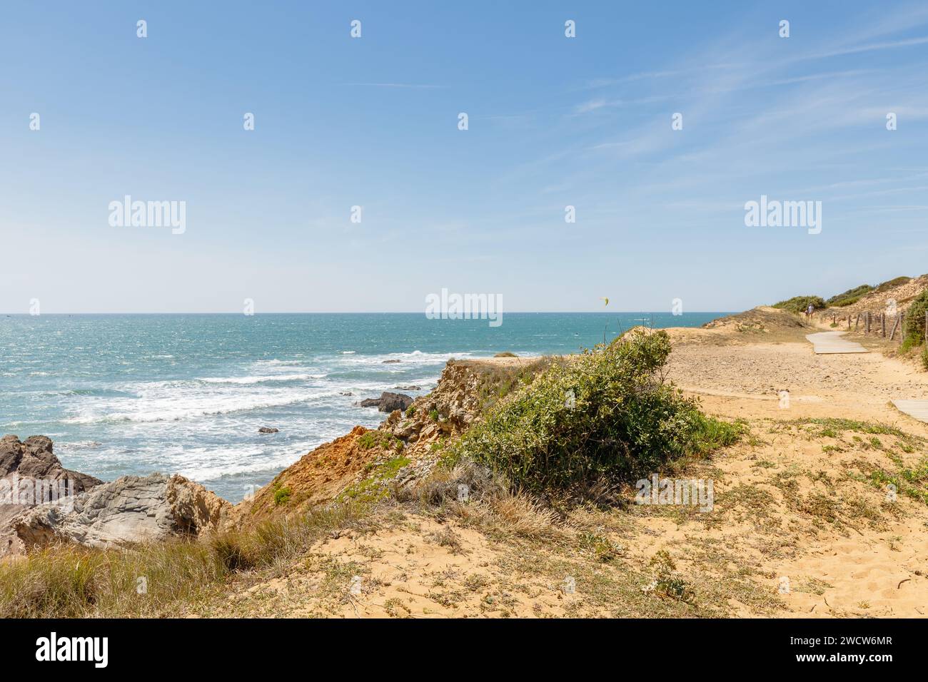 Blick auf den Strand Pointe du Payre, Jard sur Mer, Frankreich an einem Sommertag, Vendée, Frankreich Stockfoto