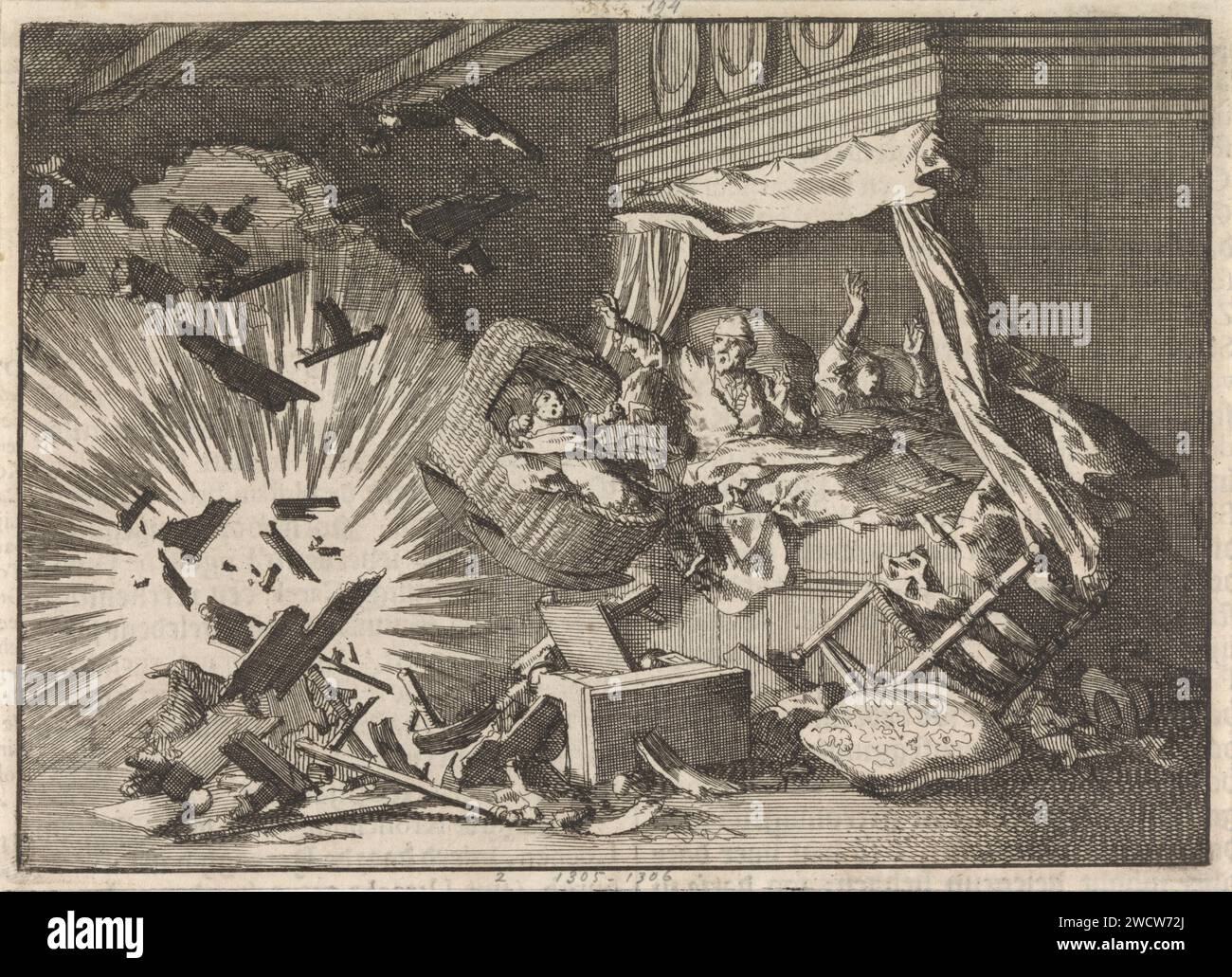 Explosion einer Bombe in einem Haus an der Ebbingestraat in Groningen, 1672, Jan Luyken, 1698 Druckerei: Amsterdampublisher: Leiden Papierätzung / Buchdruckerei Schießpulverkatastrophe. Schlafzimmer Groningen Stockfoto