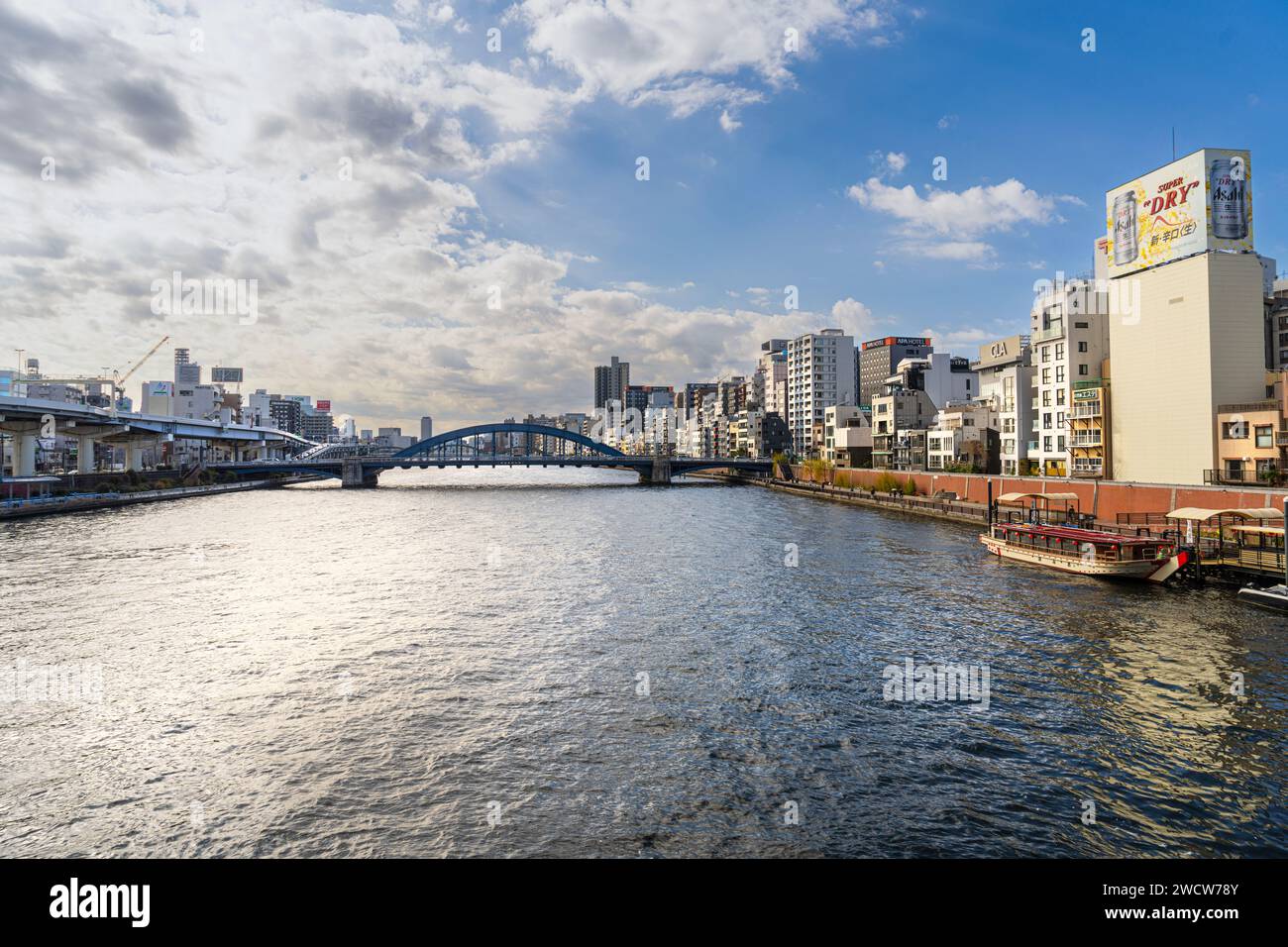 Tokio, Japan. Januar 2024. Panoramablick auf den Fluss Sumida im Stadtzentrum Stockfoto