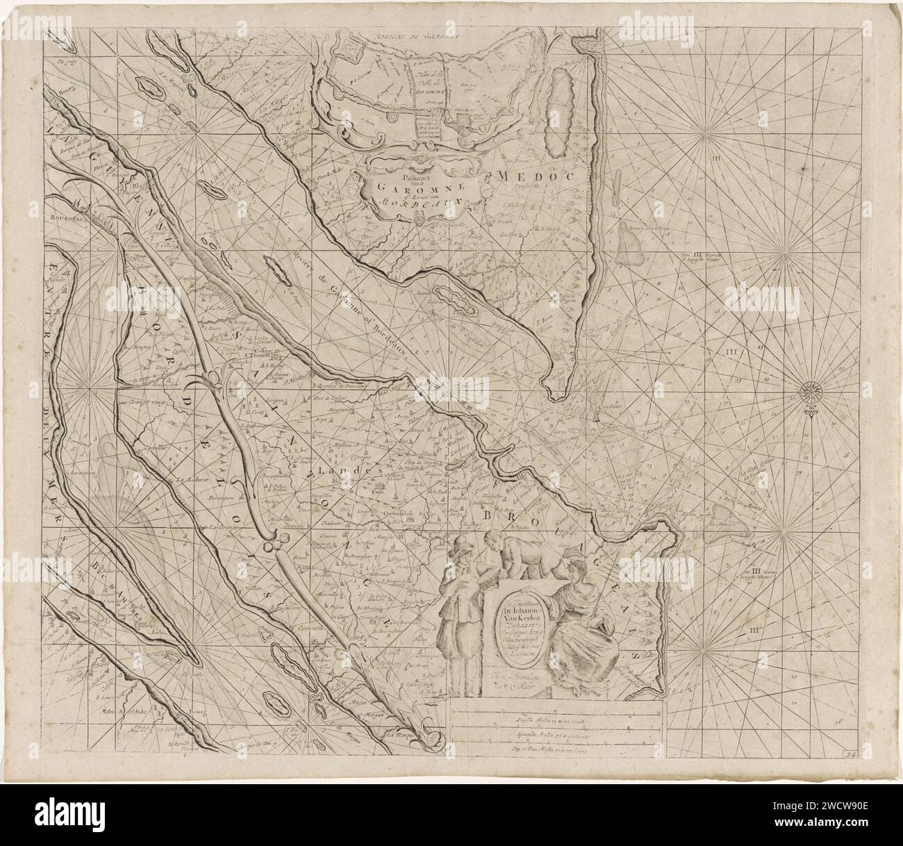 Pass Card von der Gironde nach Bordeaux, Anonym, 1681 - 1803 Print Pass Card von der Gironde nach Bordeaux, mit einer Kompassrose, der Norden ist unten. Oberhalb der Kartusche mit dem Titel eine Wette mit einer detaillierten Karte des Hafens bei Bardeaux. In der Mitte der Adresse des Verlegers und der Skala, dargestellt in Deutsch, Spanisch und Englisch oder Französisch Meilen (Skala: c. 1: 200.000). Bei der Adresse sehen zwei Männer einen Kompass und eine Frau mit einem Ruder. Amsterdamer Papiergravur / Ätzen von Teilen der Außenfläche des Schiffes: Ruder. Kompass Bordeaux Stockfoto