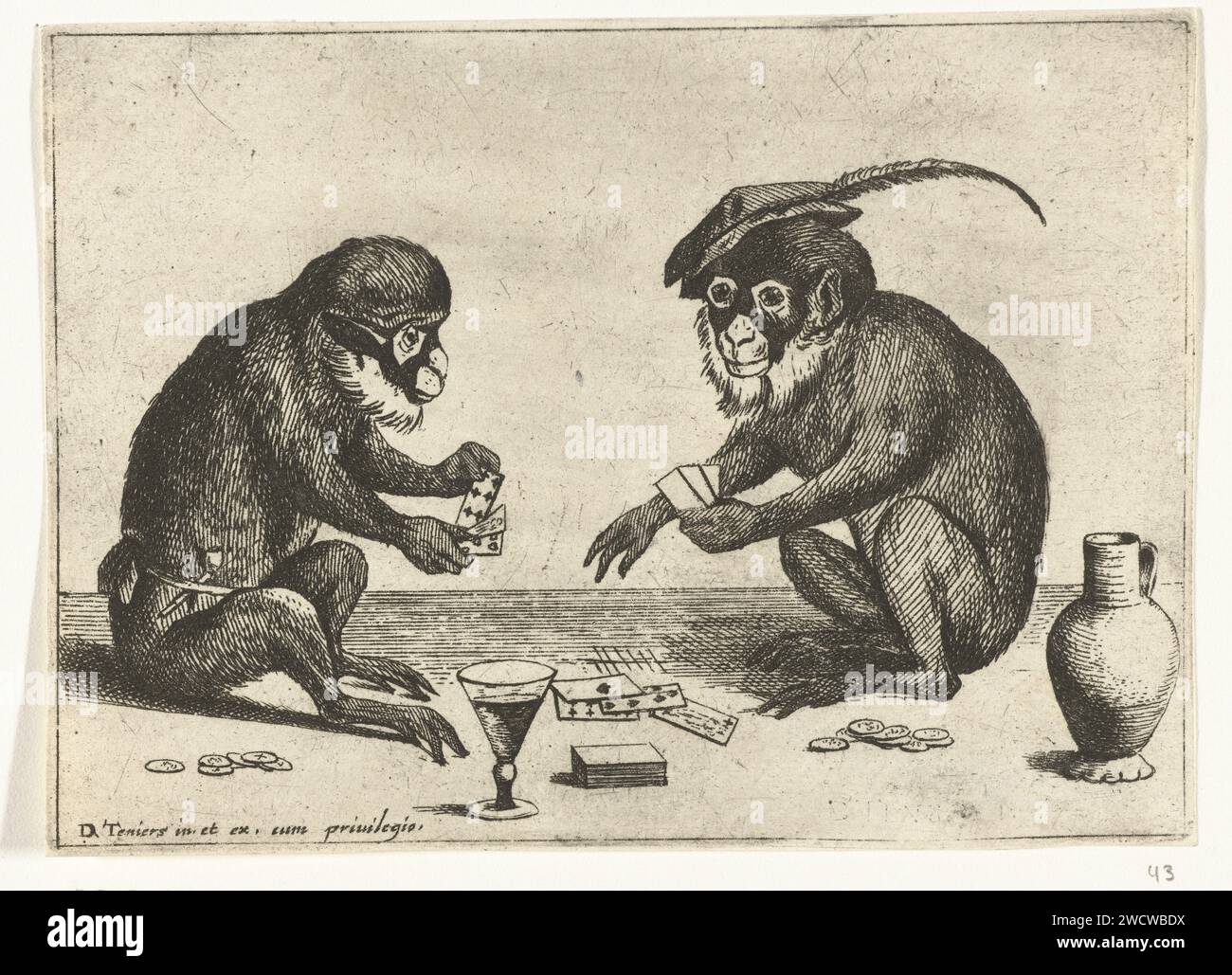 Zwei Affenkarten, Quirin Boel, nach David Teniers (II), 1635–1690 drucken zwei Affen liegen auf dem Boden und sind Karten. Der rechte Flügel trägt einen Hut mit Hahnenfeder. Drucken Sie aus einer Serie von sechs Drucken und einem Titeldruck, in dem verschiedene menschliche Aktivitäten von Affen dargestellt werden. Südholländische Papierätztiere, die als Menschen wirken Stockfoto