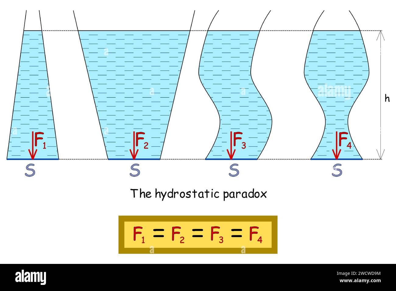 Die grafische Darstellung des hydrostatischen Paradoxons, bei dem sich die hydrostatische Druckkraft bei demselben Bodengehalt und der sa nicht ändert Stock Vektor