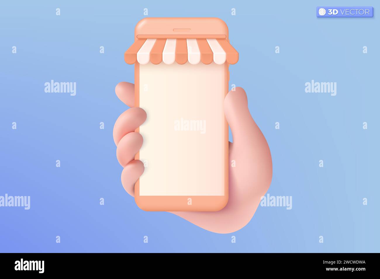 Symbol für 3D-Online-Shopping auf der Hand. Telefonmodell, Digital Marketing Shop, E-Commerce Konzept. Isolierte 3D-Vektor-Illustrationskonstruktion. 3D-Vektor ist Stock Vektor