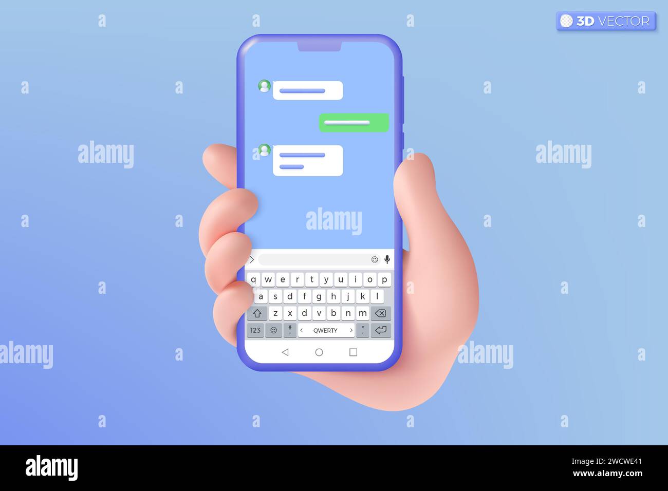 Symbol für das Symbol der Chat-Anwendung für Mobiltelefone mit 3D-Hand. Chatting Message, QWERTY, Speech Bubble, Instant Messenger Template Konzept. 3D-Vektorisol Stock Vektor