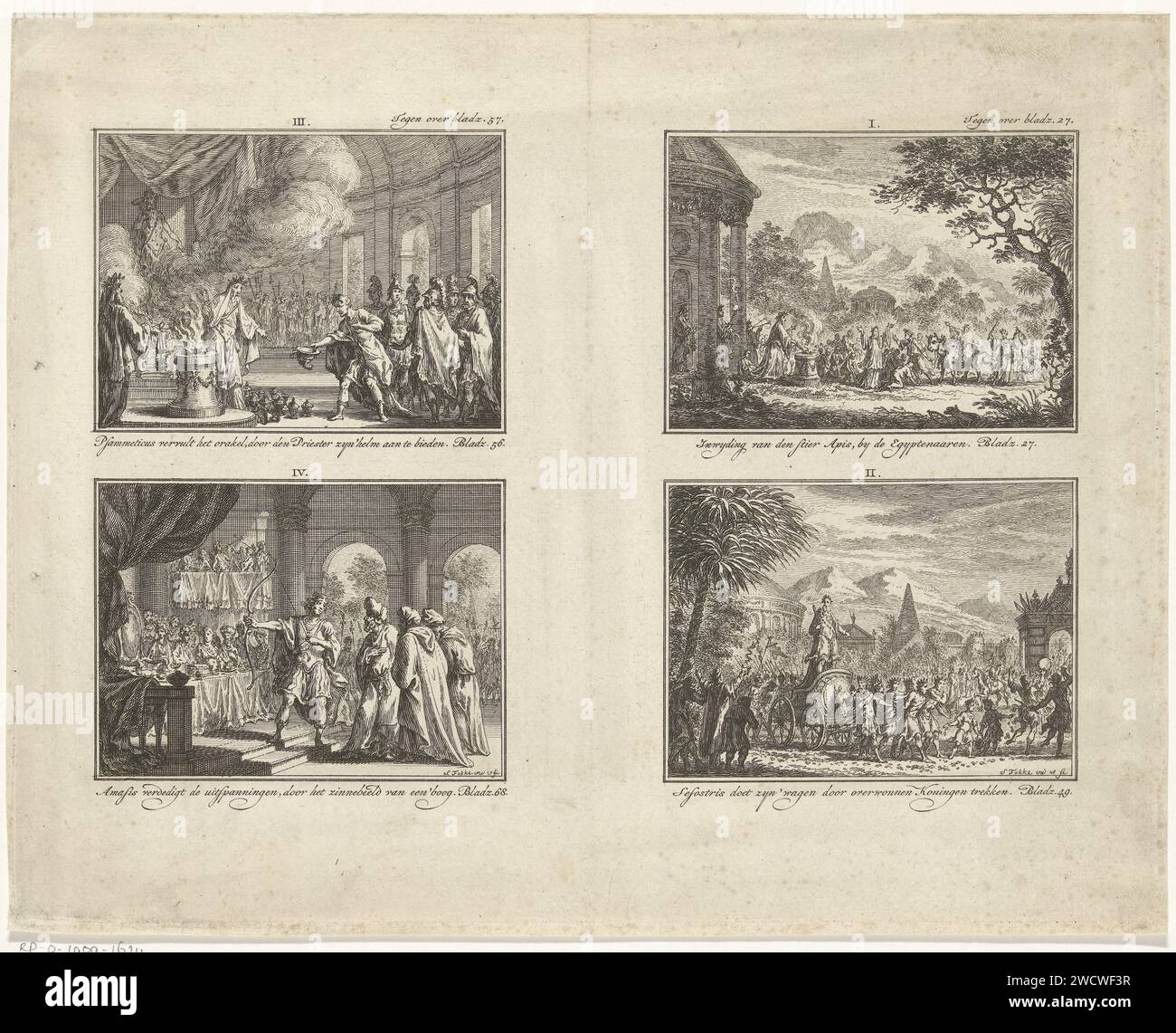 Vier Aufführungen aus der klassischen Geschichte, Simon Fokke, 1722–1784 drucken vier Aufführungen aus der klassischen Geschichte eines Albums, nummeriert von I bis IV und alle mit einer Überschrift. Oben rechts: Initiierung der BULL-APIS. Unten rechts: Sesostris lässt sein Auto von besiegten Königen ziehen. Oben links: Psammetichus erfüllt das orakel. Unten links: Amasis mit Pfeil und Bogen. Die Vorschläge I und II oben rechts markierten: Gegen Seite. 27. In den Vorschlägen III und IV oben rechts steht: Gegen Seite. 57. Amsterdamer Papier-Ätzdarstellungen  ägyptische Götter, Halbgötter, Helden usw. (mit Stockfoto