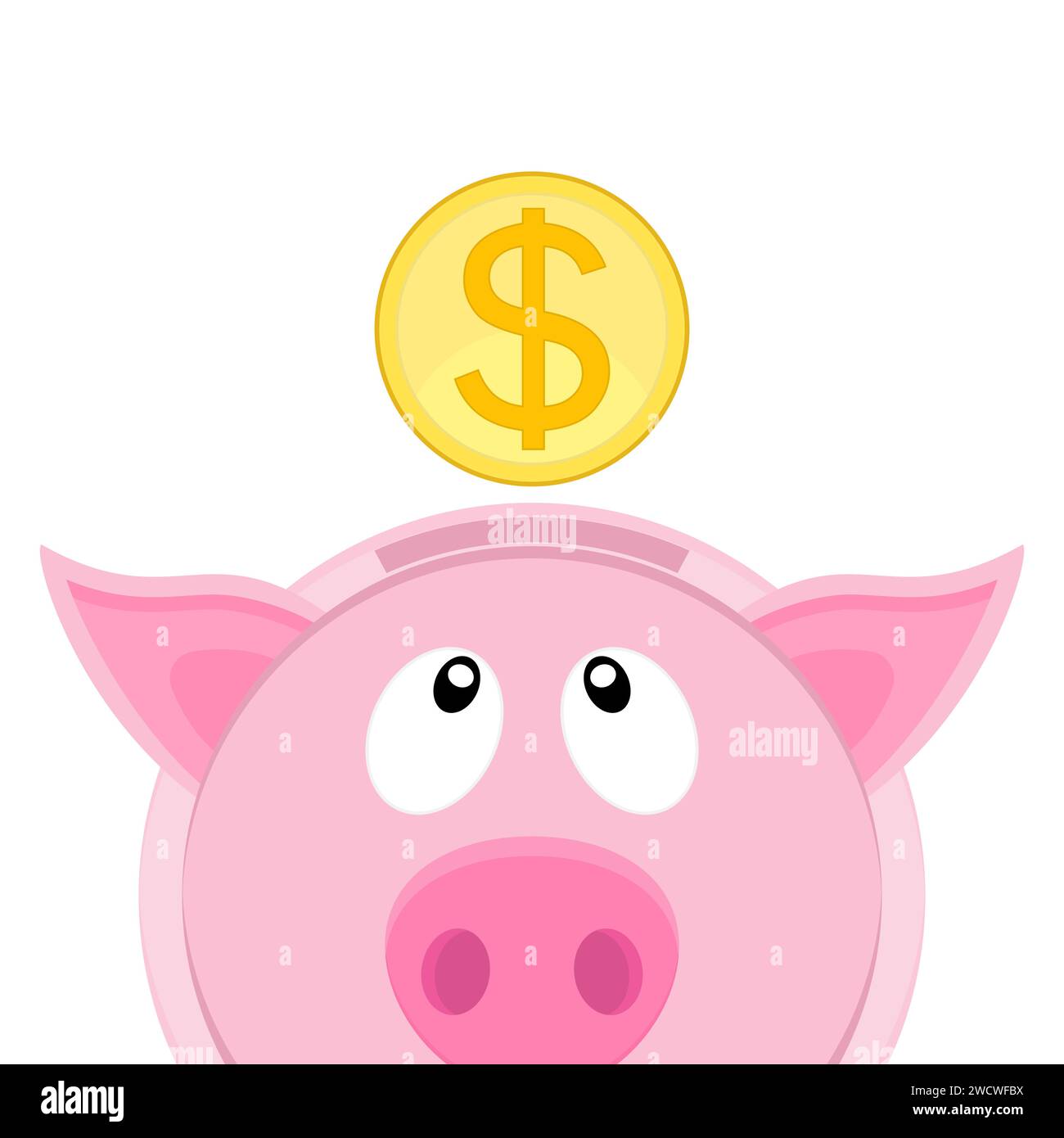 Eine Goldmünze fällt in eine Comic-Sparkasse. Vektorabbildung. Stock Vektor