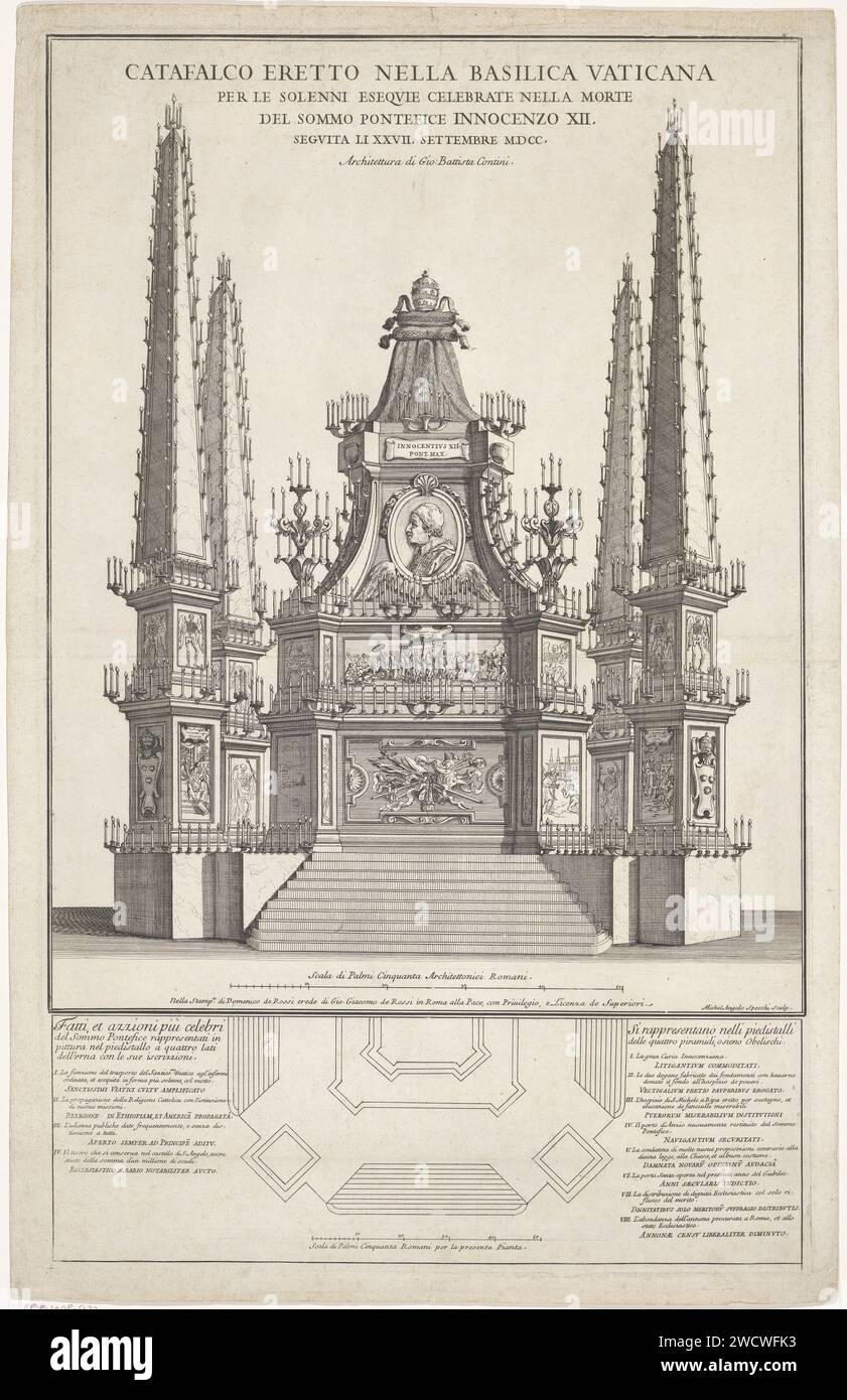 Katafalk Innocentius XII., Michelangelo Specchi, nach Giovanni Battista Contini, 1694 - 1750 drucken Grafendenkmal (auf dem Druck erwähnt Katfalk) für Papst Innozenz XII Querschnitt des Denkmals und erläuternde Briefliste in STUDMARGE. Druckerei: Italien Design von: ItalienVerleger: RomeVaticaanstad Papier ätzend Katafalque, 'castrum doloris' ( öffentliche Beerdigung). papst. Grabbau, monumentales Grab Stockfoto