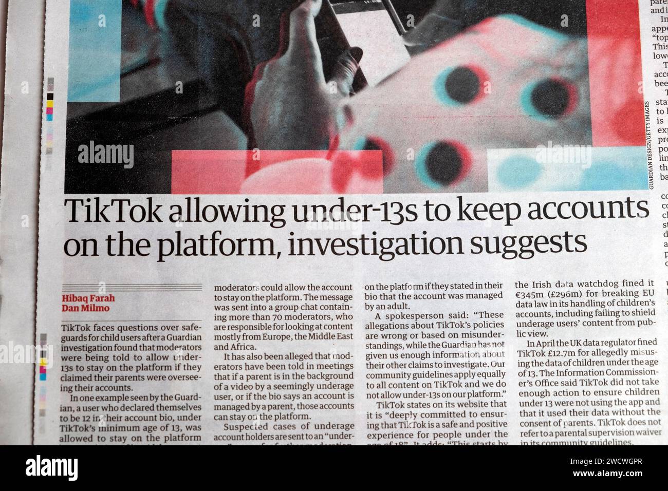„TikTok erlaubt es, unter 13 Jahren Konten auf der Plattform zu führen, so die Untersuchung.“ Guardian Zeitung Children titelt am 19. Dezember 2023 London UK Stockfoto