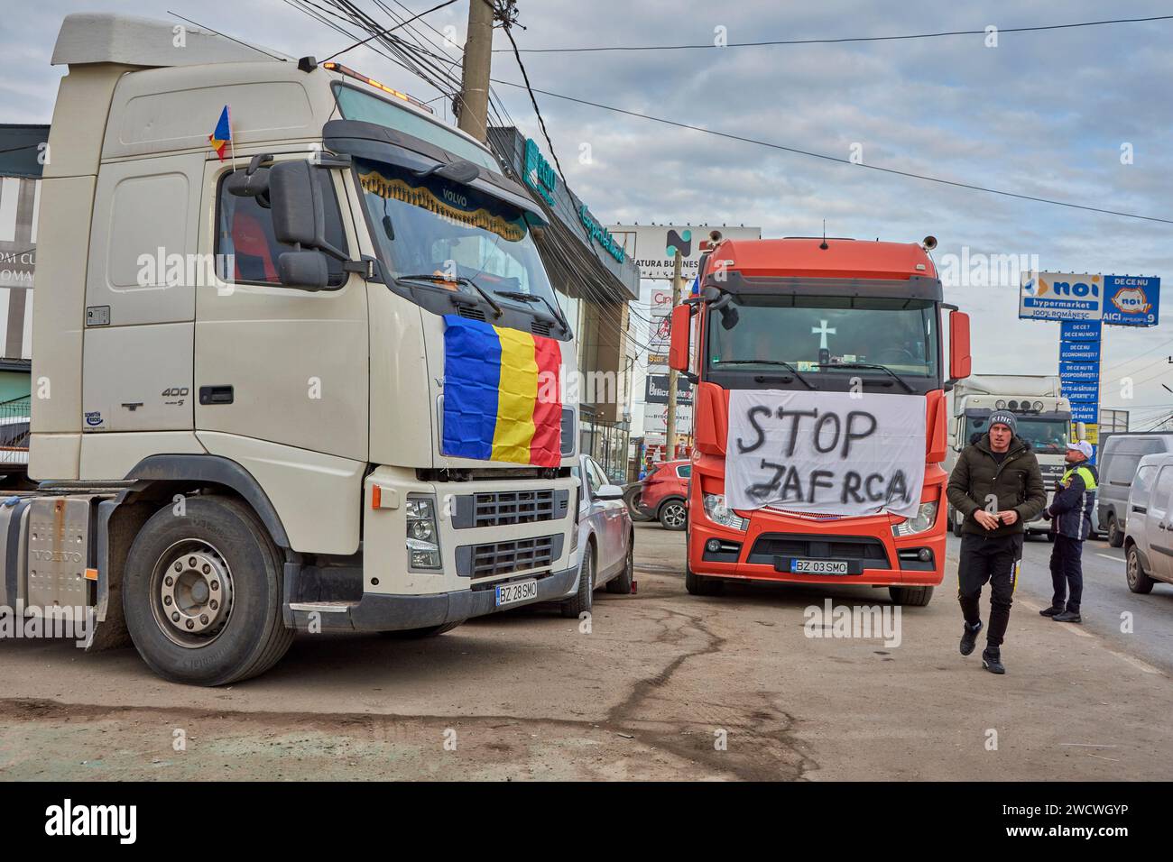 Rumänische Transporteure und Bauern protestieren, Afumati, Ilfov, Rumänien - Januar 2024 Stockfoto