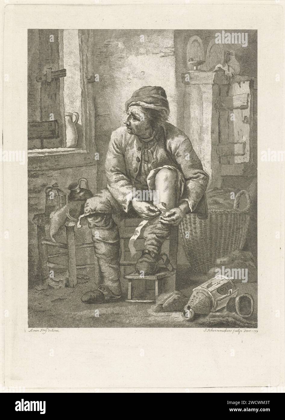 Der Mann verbindet sein Bein, Johannes Schoenmakers, nach Abraham van Strij (I), 1789 Abdruck in einer Abreise, verbindet ein Mann eine Wunde an seinem Schienbein. Er sitzt auf einem Stuhl und hat seinen Kopf von der Verletzung abgewendet. Dordrecht Papierätzungen Infektionen und Wunden. Landwirte Stockfoto