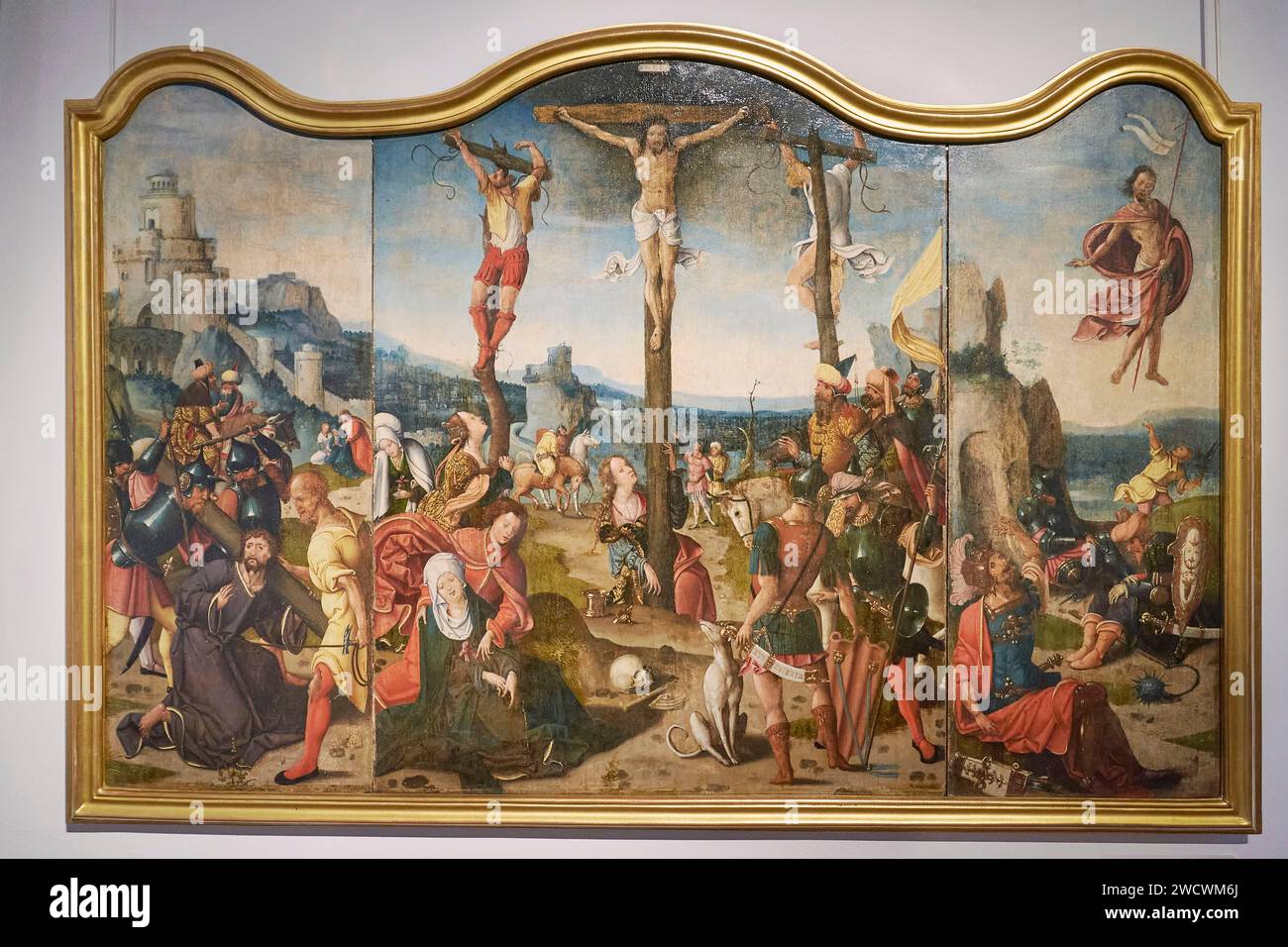 Frankreich, seine Saint Denis, Saint Denis, Paul Eluard Museum für Kunst und Geschichte, flämische Schule, Triptychon der Kreuzigung, Öl auf Holz um 1520 Stockfoto