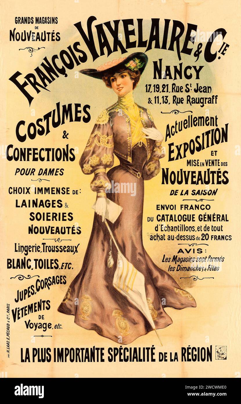 Francois Vaxelaire Kaufhäuser (Lamb & Pecaud, ca. 1900). Antikes Werbeplakat - alte Mode Stockfoto