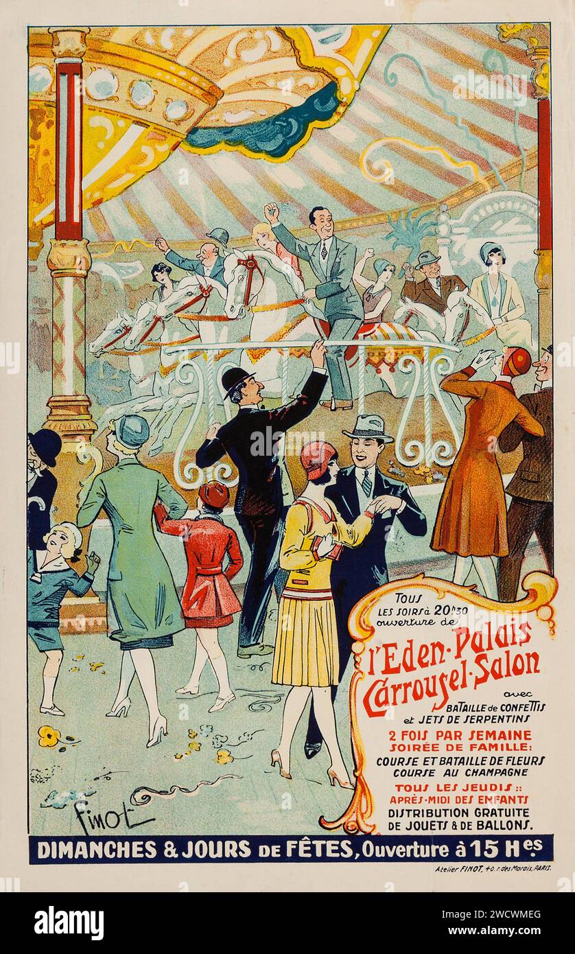 L'Eden Palais Carrousel Salon Poster (ca. Anfang des 20. Jahrhunderts). Französisches Poster feat a Merry Go Round - tivoli, Vergnügungspark Stockfoto