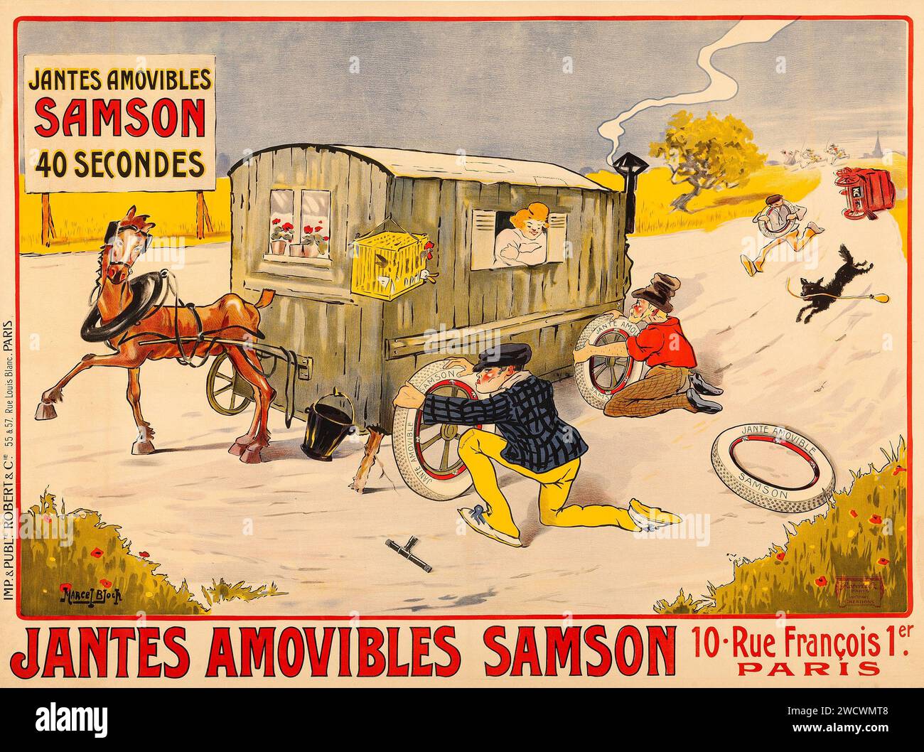 Samson Removable Felgen (Robert & Cie, Paris um 1900). Antikes Französisches Werbeplakat – Marcel Bloch Kunstwerk Stockfoto
