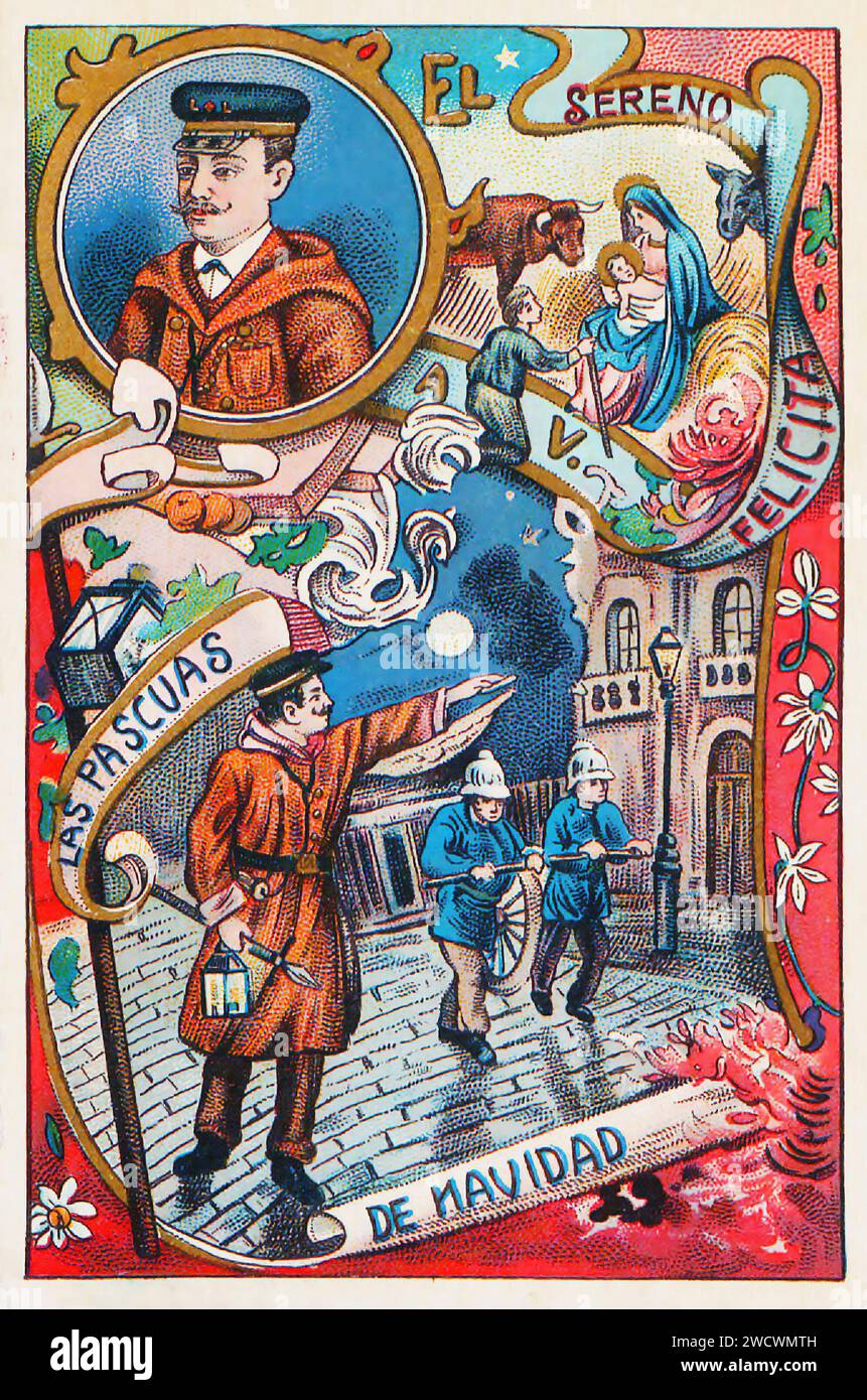 Season's Greetings from the Night Watchman - eine farbige Postkarte aus Valencia aus dem späten 19. Jahrhundert, Spanien Stockfoto