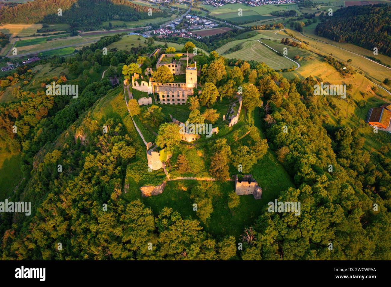 Deutschland, Baden Württemberg, Bodensee (Bodensee), Hegau, Ruine Hohentwiel (Luftaufnahme) Stockfoto