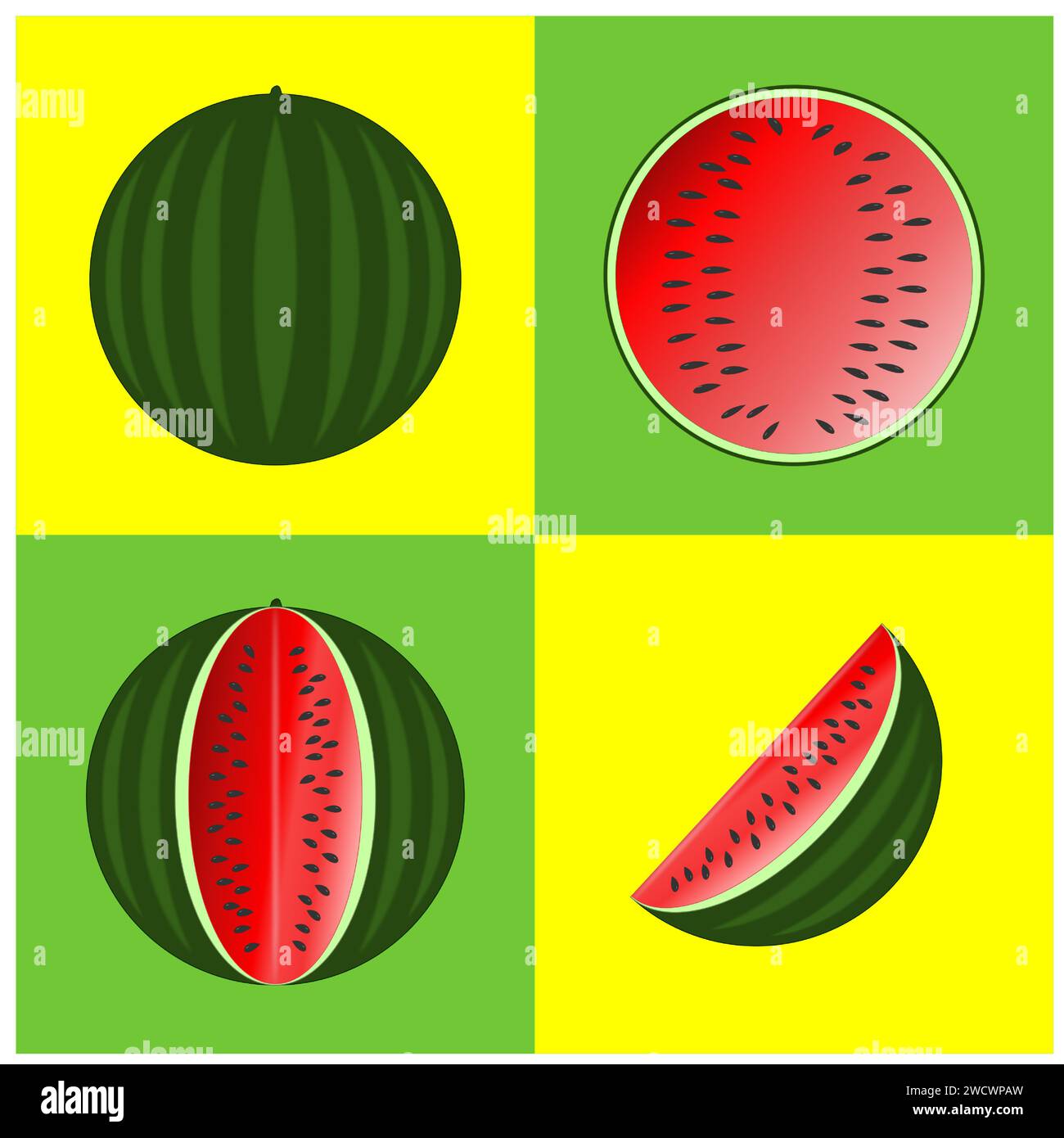 Vier Bilder einer Reifen Wassermelone - ganz ungeschnitten, halbiert, geschnitten und ein Stück geschnittene Wassermelone, zwei auf gelbem Hintergrund und zwei auf grünem Hintergrund Stock Vektor