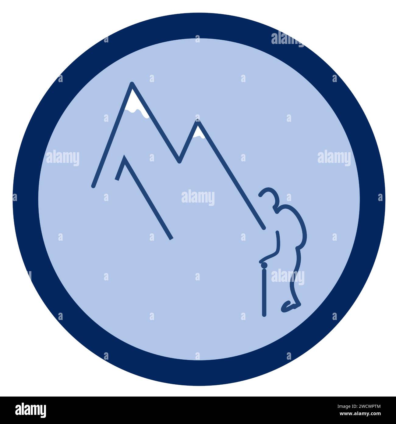 Das Symbol des Touristen mit einem Zauberstab auf schneebedeckten Bergen, auf einem blauen runden Hintergrund Stock Vektor