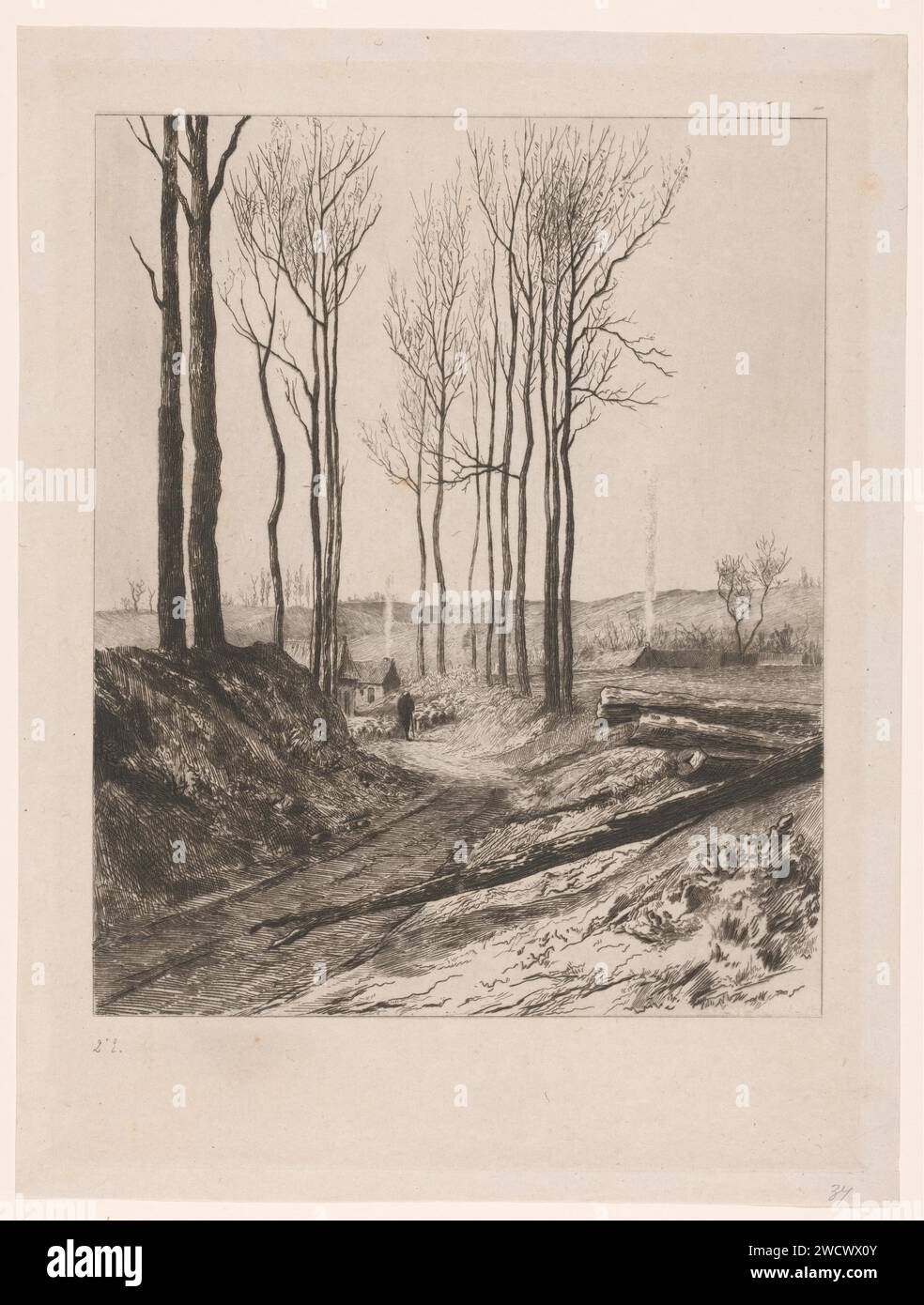 Landweg bei Vilvoorde, Carel Nicolaas Storm van 's-Gravesande, ca. 1872 Druck Baumstämme befinden sich im Vordergrund am Straßenrand. Im Hintergrund läuft ein Hirte mit einer Schafherde. Papierätzstraße, Pfad. Herde, Herde Vilvoorde Stockfoto