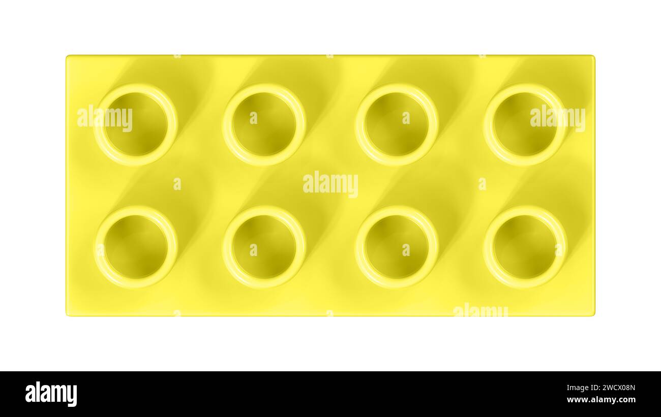 Lemon Lego Block isoliert auf weißem Hintergrund. Nahansicht eines Plastik-Kinderspielziegels für Konstrukteure, Draufsicht. Hochwertiges 3D-Rendering Stockfoto