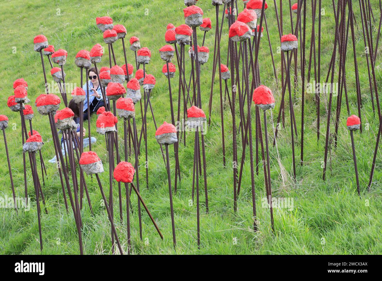 Frankreich, Nord, Dunkirk, Skulpturengarten des LAAC (Lieu d'Art et Action Contemporaine), Außenarbeiten der Künstler Steve Abraham und Nicolas Messager, die Mohnblumen aus Beton und Schrott darstellen Stockfoto