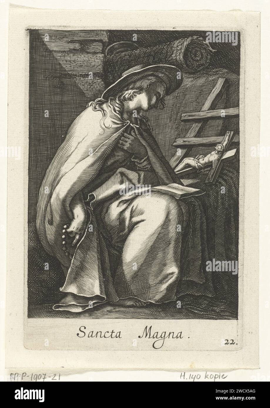 Heilige Magna als Einsiedler, anonym, nach Boëtius Adamsz. Bolswert, nach Abraham Bloemaert, 1590–1662 Druckpapier mit Stich weiblicher Heiliger. anchorit, Einsiedler Stockfoto