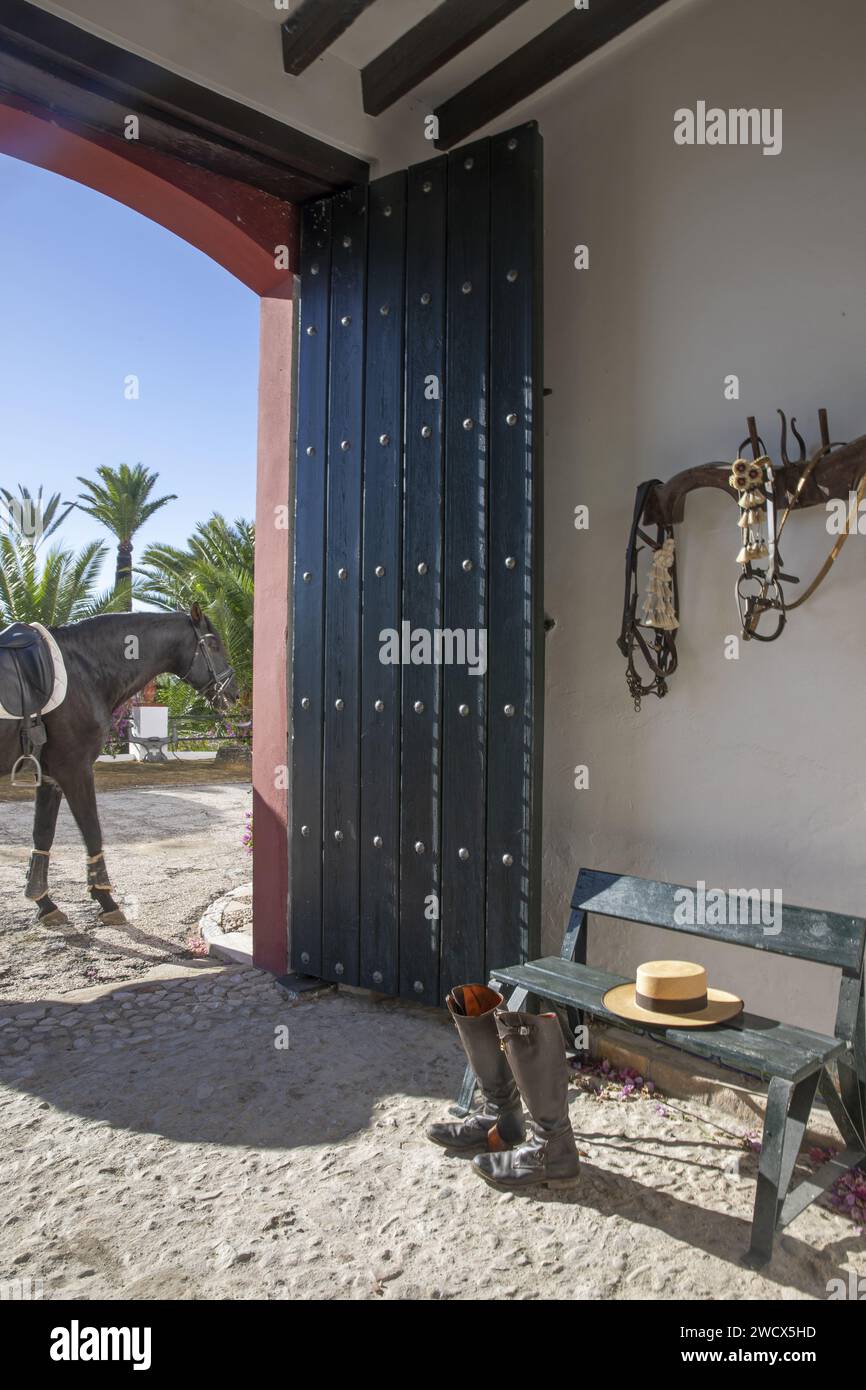 Spanien, Andalusien, Moron de la Frontera, Hacienda las Alcabalas, Stiefel, Hut und Reitausrüstung im Vorraum einer andalusischen Hacienda mit einem schwarzen Pferd draußen Stockfoto