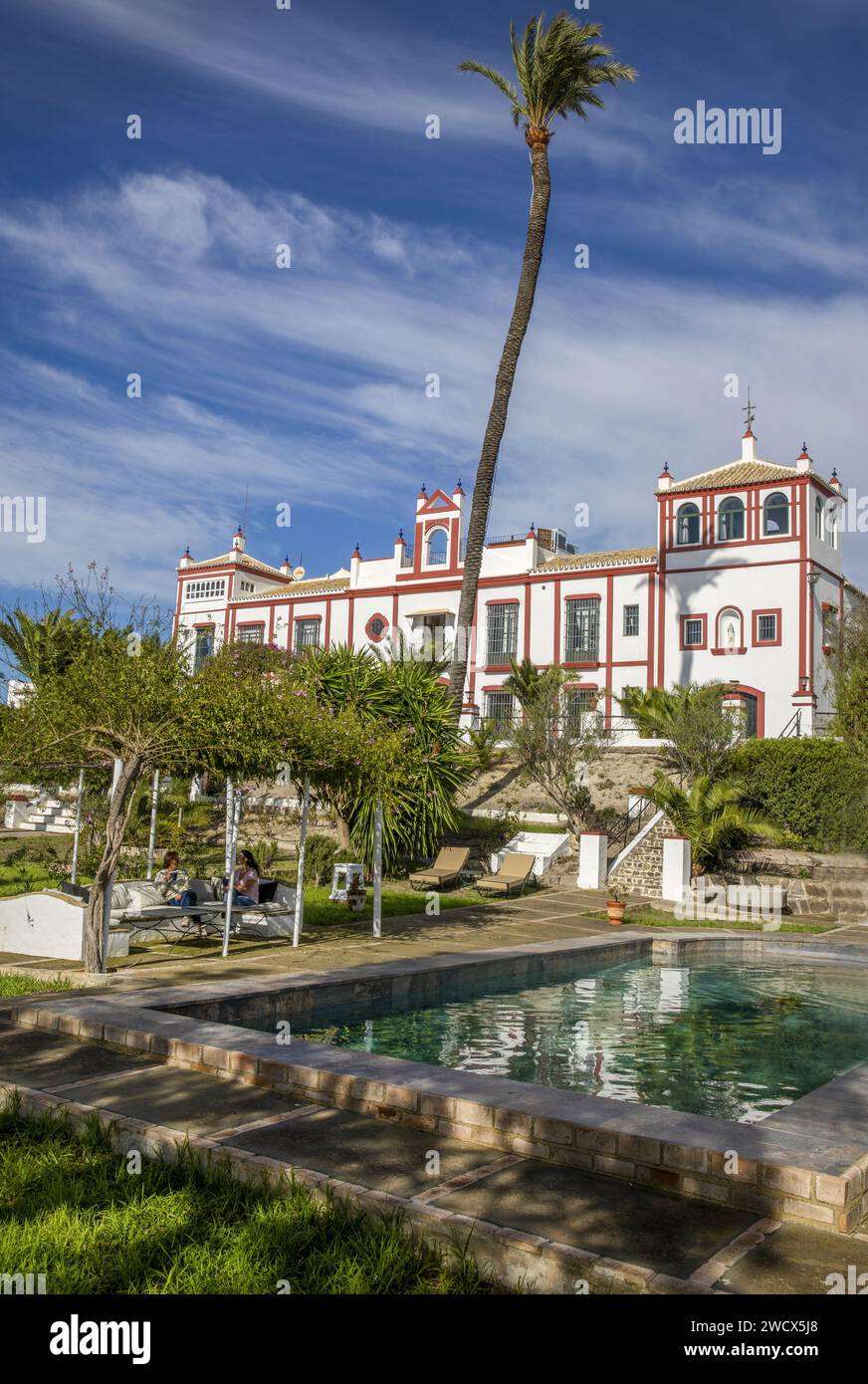 Spanien, Andalusien, Moron de la Frontera, Hacienda las Alcabalas, sein Schwimmbad, seine Pergola und sein Garten, in dessen Mitte eine schlanke Palme steht Stockfoto