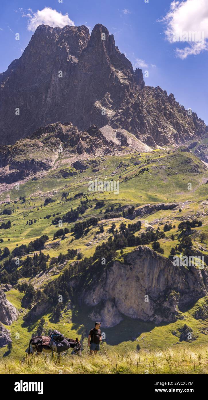 Frankreich, Pyrenäen Atlantiques, Béarn, Ossau-Tal, Pyrenäen-Nationalpark, Trekking mit einem Rudelesel, Pic du Midi d'Ossau im Hintergrund, Panoramablick Stockfoto