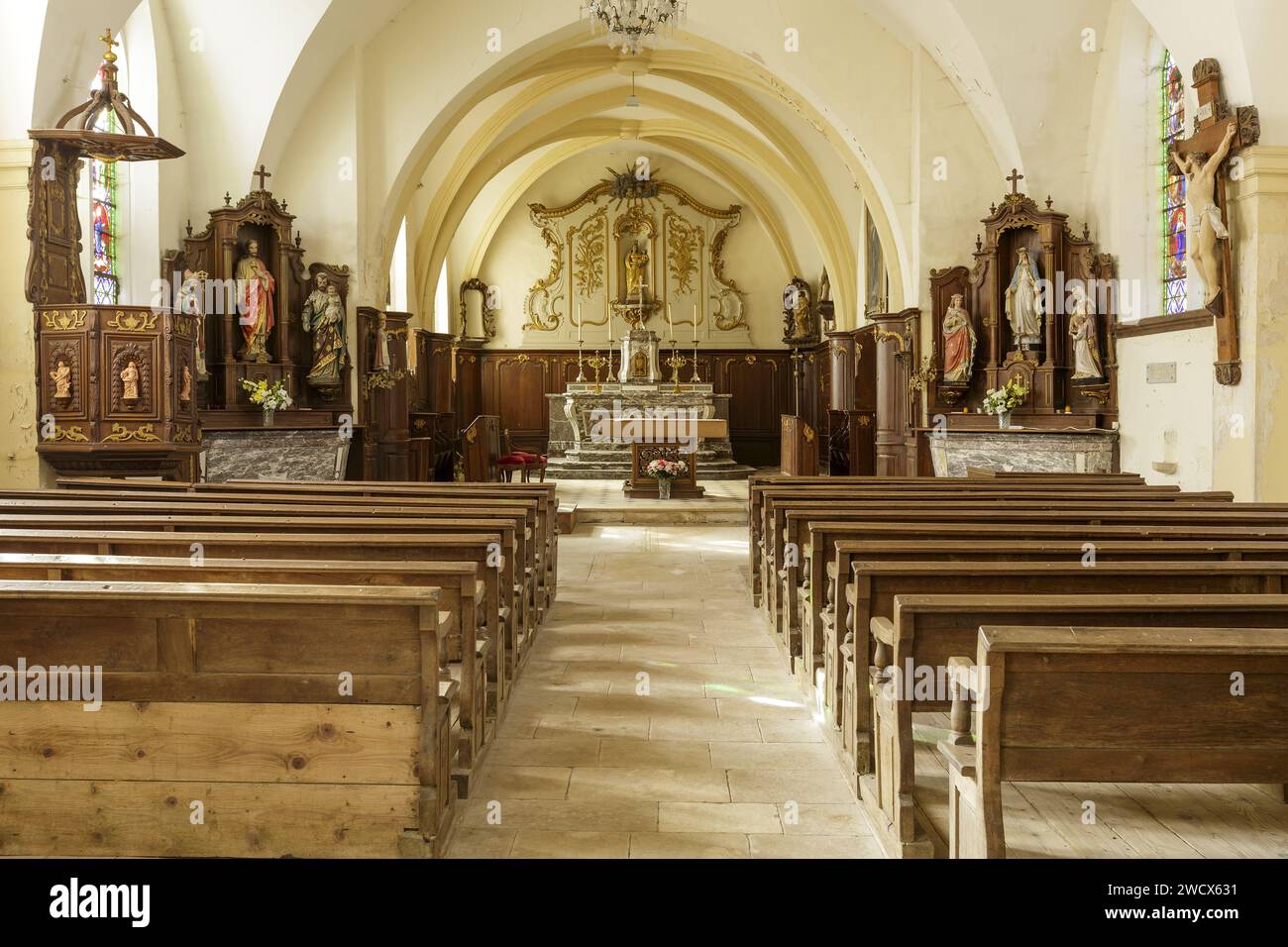 Frankreich, Meurthe et Moselle, Saintois Gebiet, Vitrey, eglise de la Nativite de la Vierge (Kirche der Geburt der Jungfrau), der Chor aus dem Kirchenschiff Stockfoto