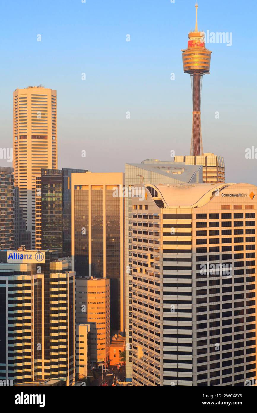 Australien, New South Wales, Sydney, Blick vom Darling Harbor mit dem Sydney Tower (1981) im Hintergrund auf dem Central Business District (CBD) Stockfoto