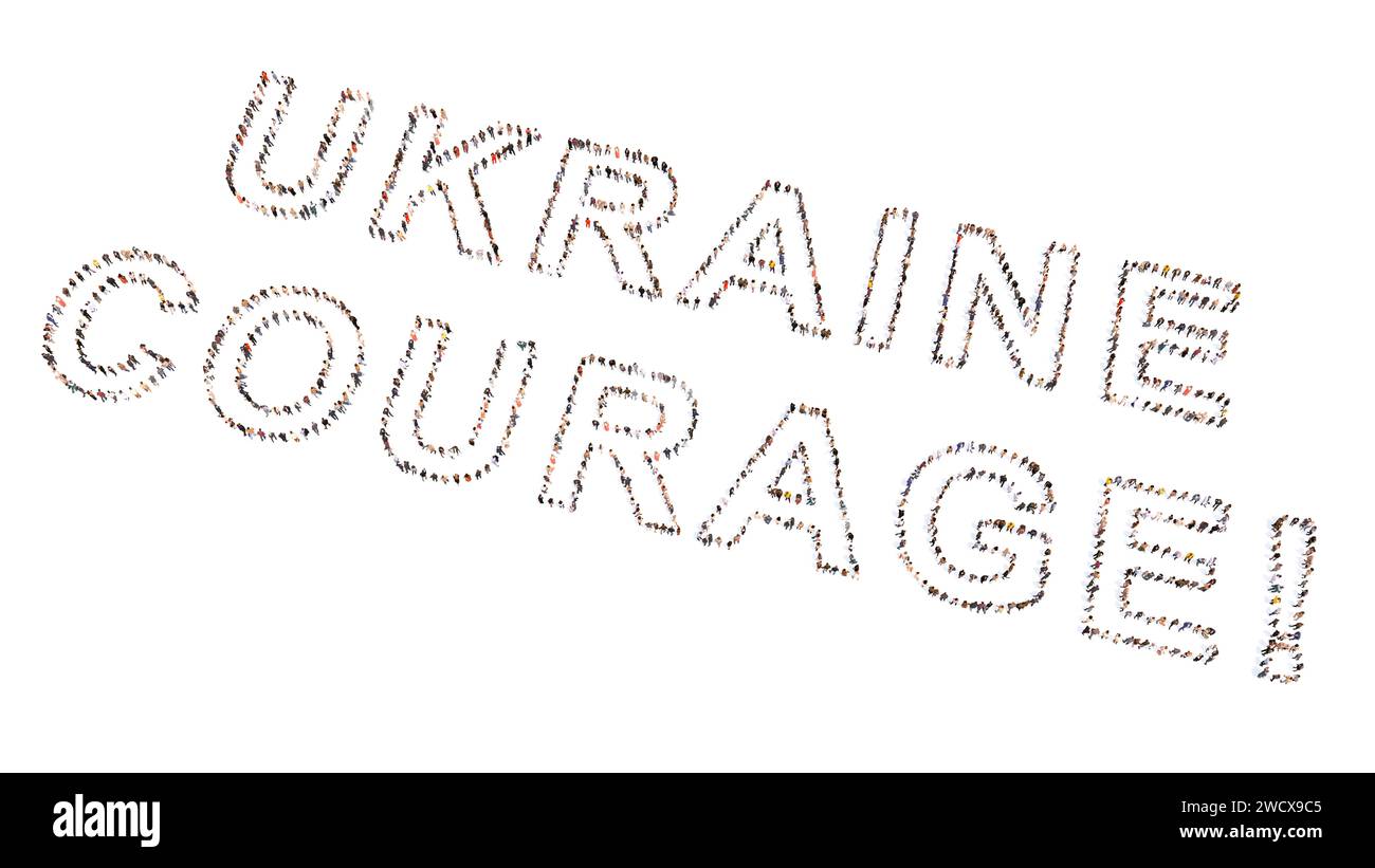 Konzeptionelle Gemeinschaft der Menschen, die die Botschaft UKRAINE MUT formulieren. 3D Illustration Metapher für Kampf, Geist, Entschlossenheit, Motivation Stockfoto