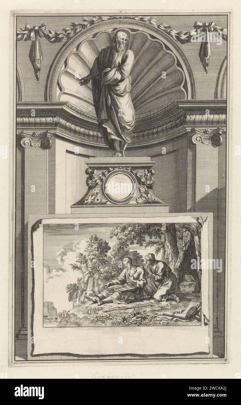 H. Gregorius van Nazianze de Jongere, Kirchenvater Jan Luyken, nach Jan Goeree, 1698 Druck der Heilige Kirchenvater Gregorius von Nazianze der junge Mensch, stehend auf einem Sockel. Auf der Vorderseite die Szene, in der er seinen Freund Basilius van Caesarea in Einsiedler besucht. Amsterdamer Papiergravur des Mönchs und Bischofs Gregor von Nazians, auch Theologe genannt; mögliche Attribute: Buch, Schriftrolle. Basilius Magnus, Bischof von Cäsarea; mögliche Attribute: Taube, (Säule des) Feuers. anchorit, Einsiedler Stockfoto