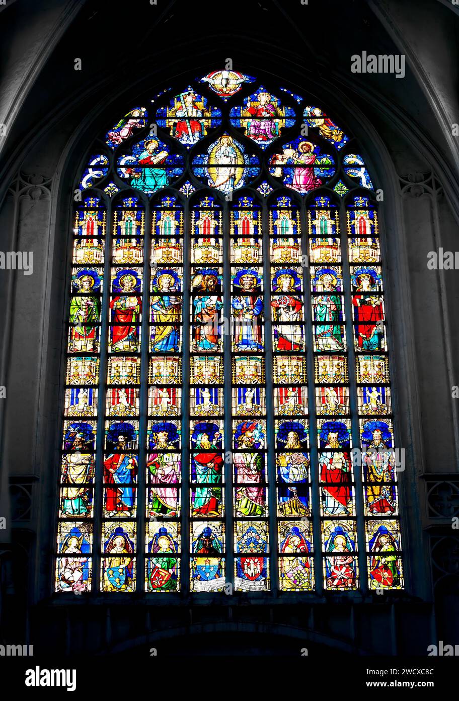 Die Verherrlichung Gottes durch die Künste, von Jean de Bèthune, 1872, Buntglasfenster, Kathedrale unserer Lieben Frau, cathédrale Notre-Dame, Antwerpen, FLA Stockfoto