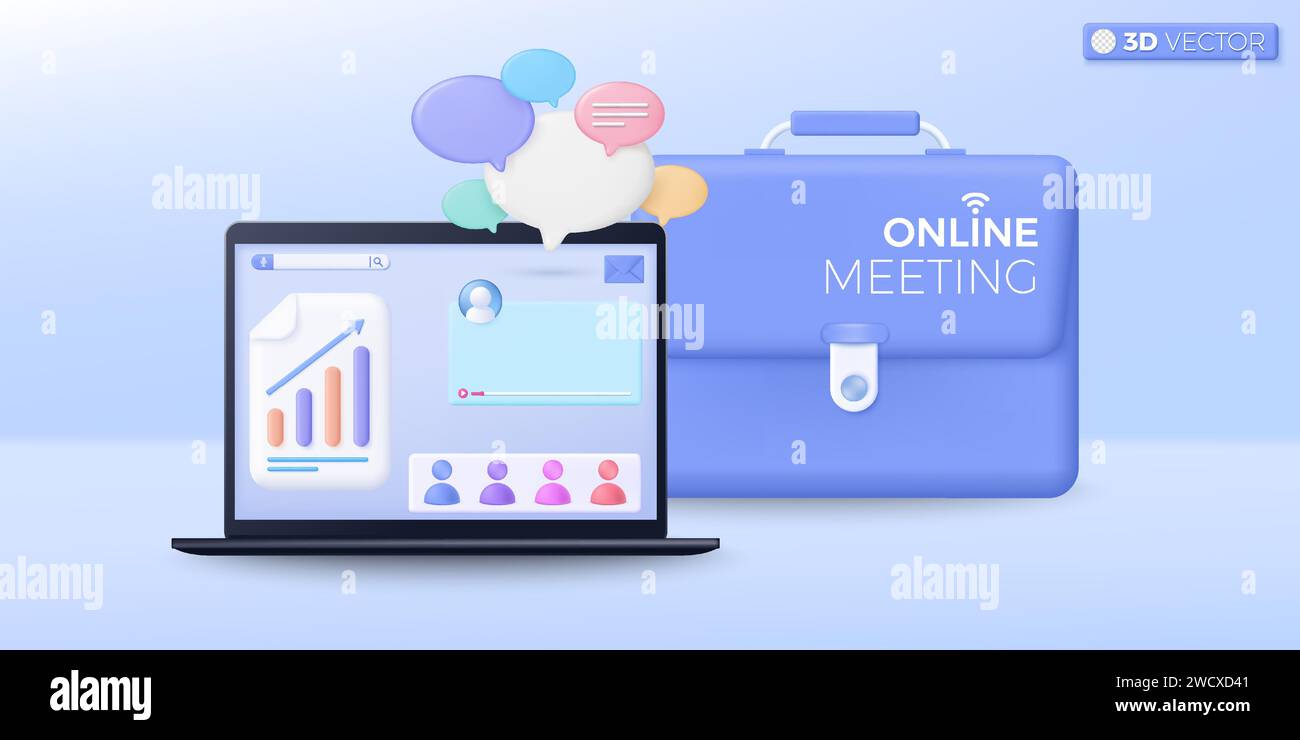 Symbol für 3D-Online-Besprechung. Notebook-Computer, Buchstapel, Diagramm, Erinnerung, Benachrichtigungsglocke, Kalender, Online-Konferenzkonzept. 3D-Vektor i Stock Vektor