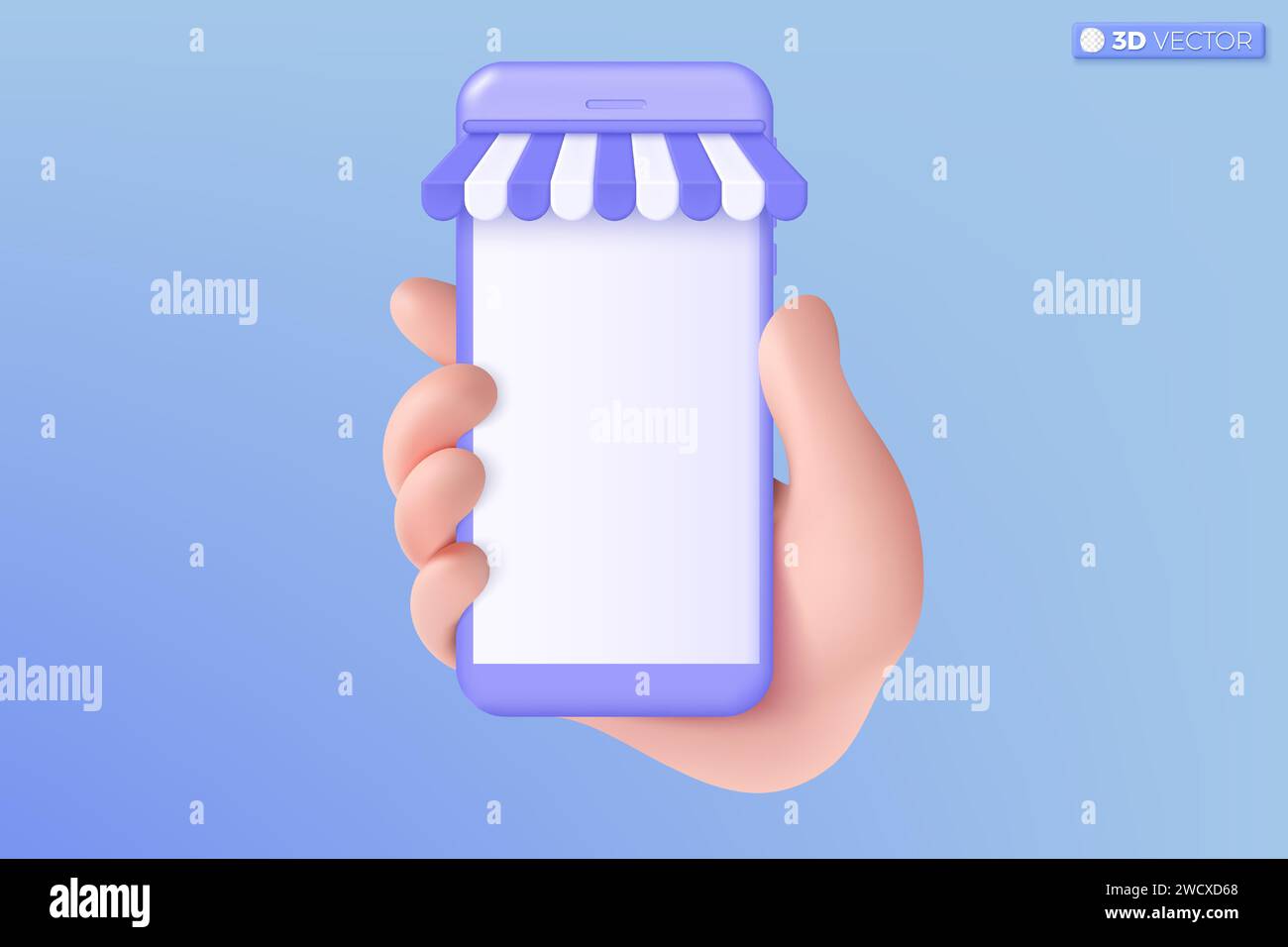 Symbol für 3D-Online-Shopping auf der Hand. Telefonmodell, Digital Marketing Shop, E-Commerce Konzept. Isolierte 3D-Vektor-Illustrationskonstruktion. 3D-Vektor ist Stock Vektor