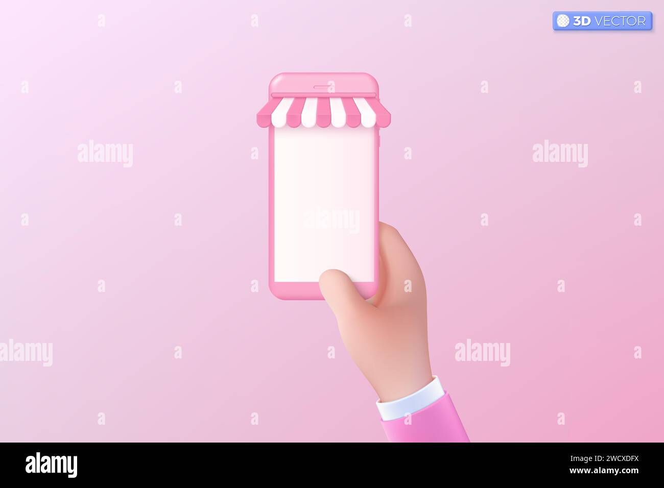 Symbol für 3D-Online-Shopping auf der Hand. Telefonmodell, Digital Marketing Shop, E-Commerce Konzept. Isolierte 3D-Vektor-Illustrationskonstruktion. 3D-Vektor ist Stock Vektor