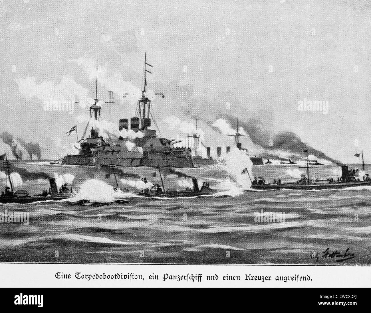 Eine Teilung von Torpedobooten und einer eisernen Angreifer auf einen Kreuzfahrtschiff, Schleswig-Holstein, Norddeutschland, historische Abbildung 1898 Stockfoto