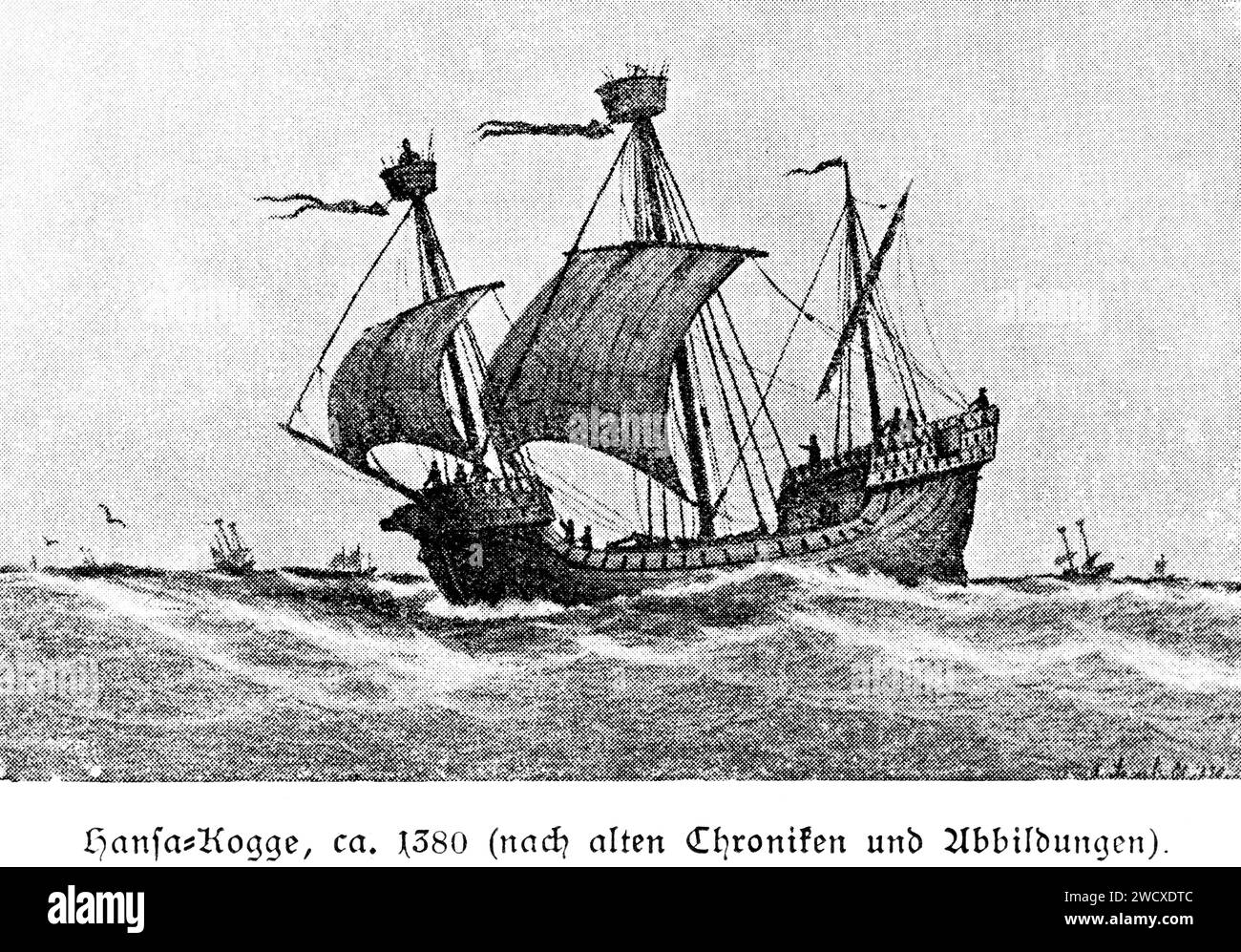 Hanse Kogge oder Zahnrad um 1380, Hansatic League, Schleswig-Holstein, Norddeutschland, historische Illustration 1898 Stockfoto