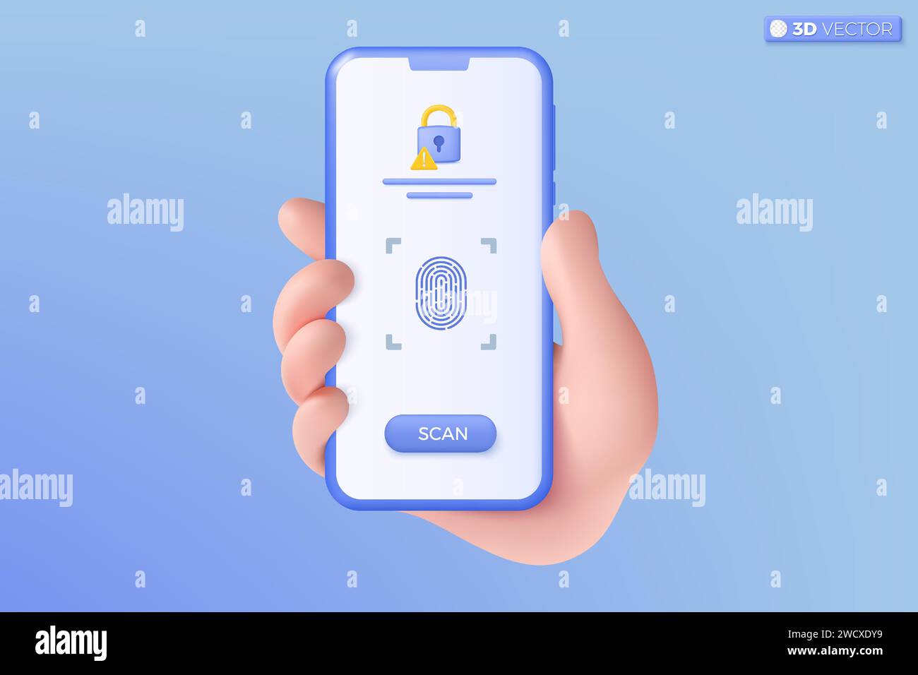 3D-Symbol für Cyber-Secure-Fingerabdruck-Fingerabdruck-Symbol für Mobiltelefone mit der Hand. Erkennungsidentität, Sicherheitskonzept für biometrische Autorisierung. 3D-Vektorisol Stock Vektor