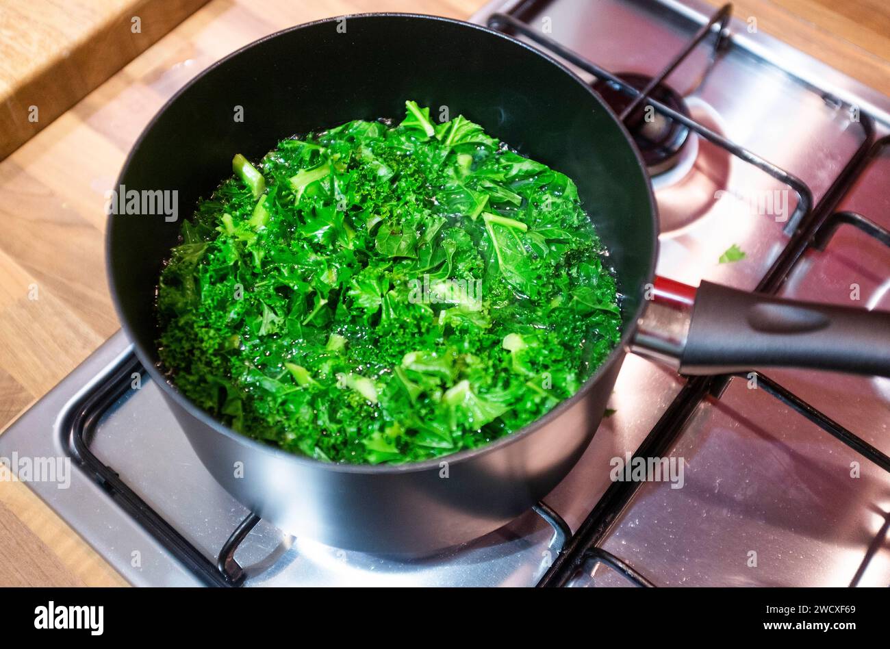 Home Cooking - Curly Grünkohl in einem Topf mit kochendem Wasser auf einem Gaskochfeld Stockfoto
