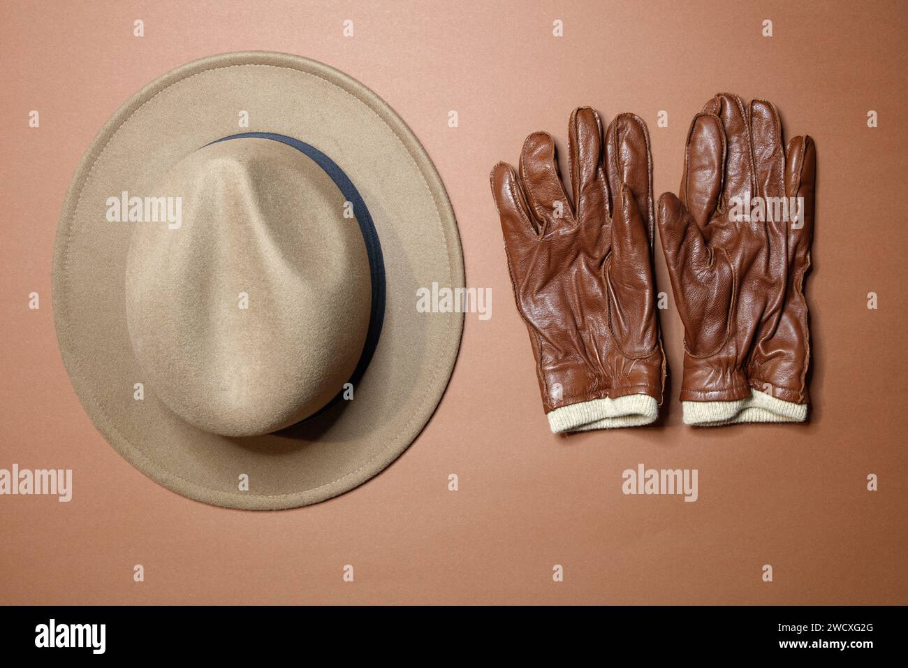 Ein fantastisches Studiofoto mit einem beigen Borsalino Hut und braunen Handschuhen, Blick von oben Stockfoto